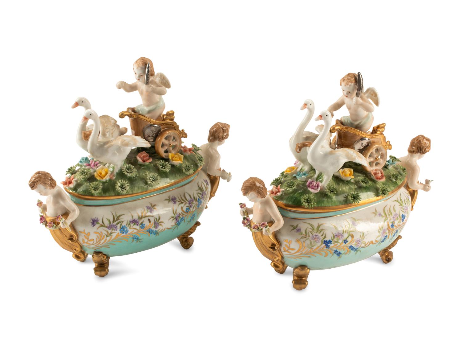 A Pair of German Porcelain Figural Tureens