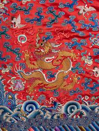 A Chinese Red Ground Embroidered Silk Dragon Robe, Late 19th-20th Century 晚清-民國 紅緞地龍袍