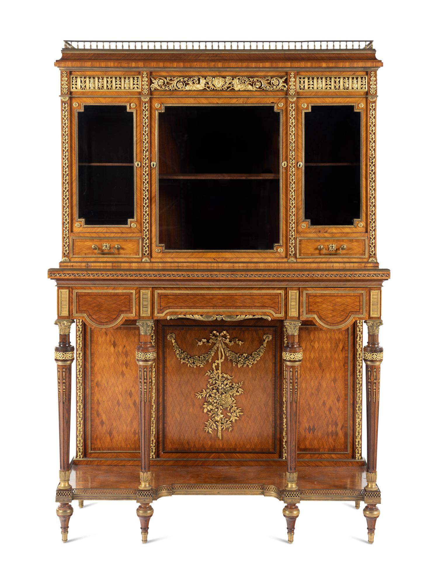 A Louis XVI Style Gilt Bronze Mounted Parquetry Cabinet-on-Stand