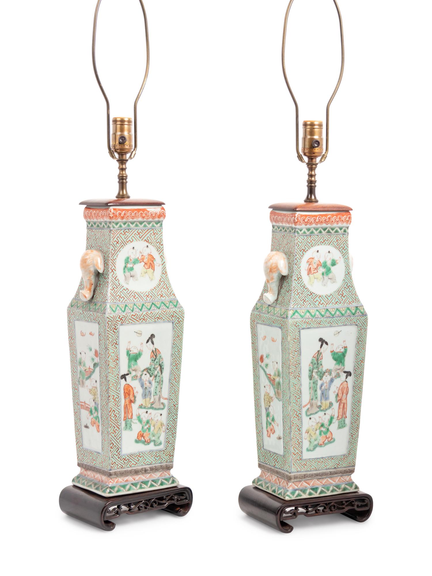 A Pair of Chinese Export Famille Verte Porcelain Vases