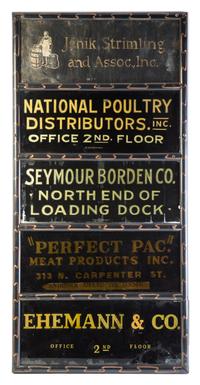 A Depression Era Lobby Directory, Fulton Market District, Chicago, Illinois Height 46 1/4 x width 22 1/2 inches