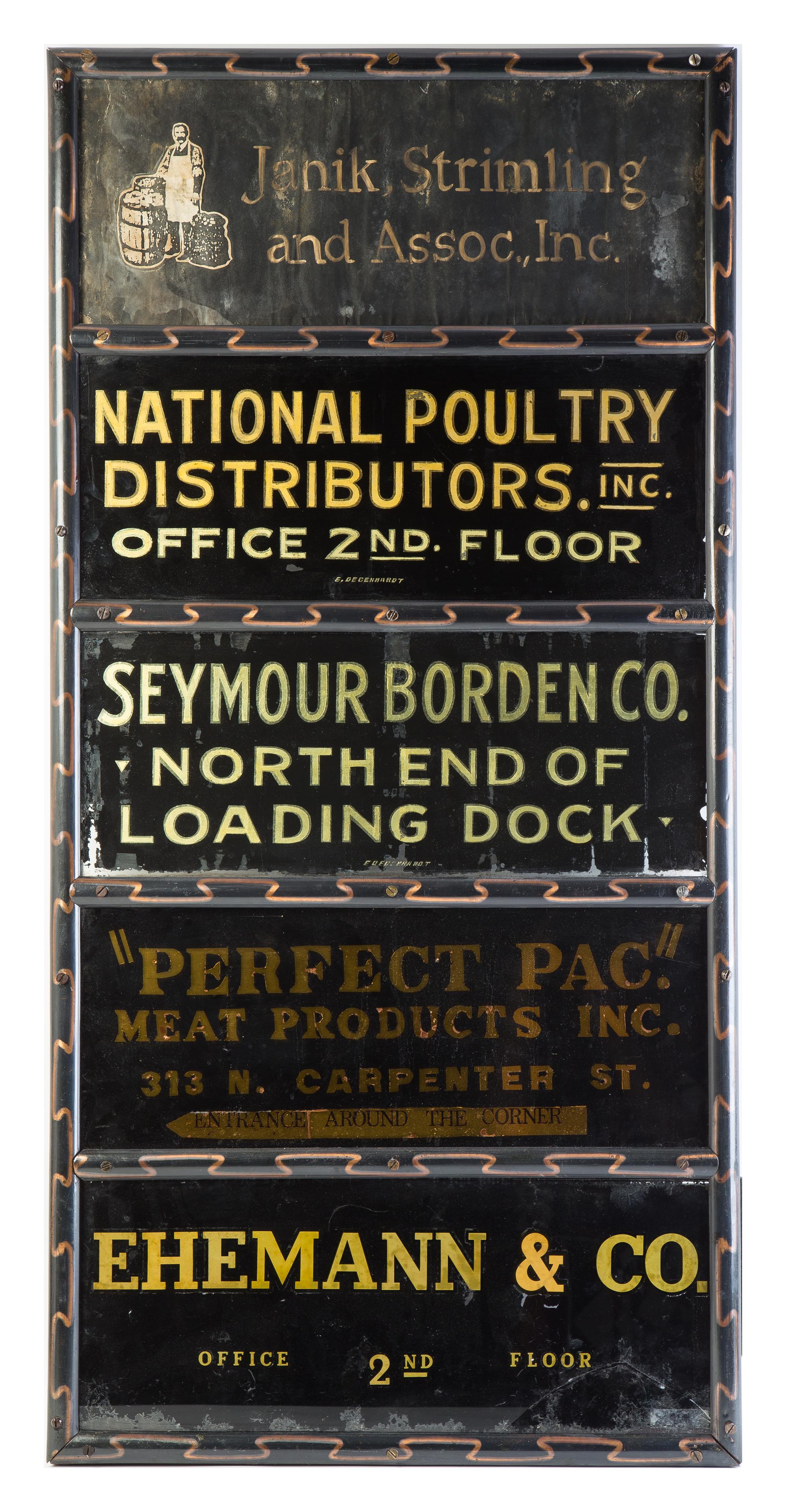 A Depression Era Lobby Directory, Fulton Market District, Chicago, Illinois Height 46 1/4 x width 22 1/2 inches