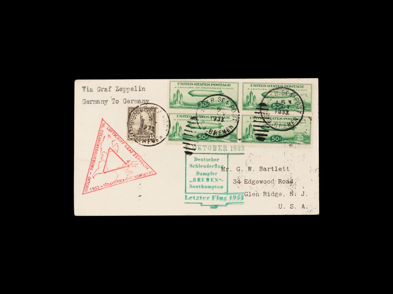 [FLIGHT COVER] 1933, October 10. SS Bremen, Catapult/Zeppelin Combination Flight (AAMC Z-216; Graue-Leder K-172) .