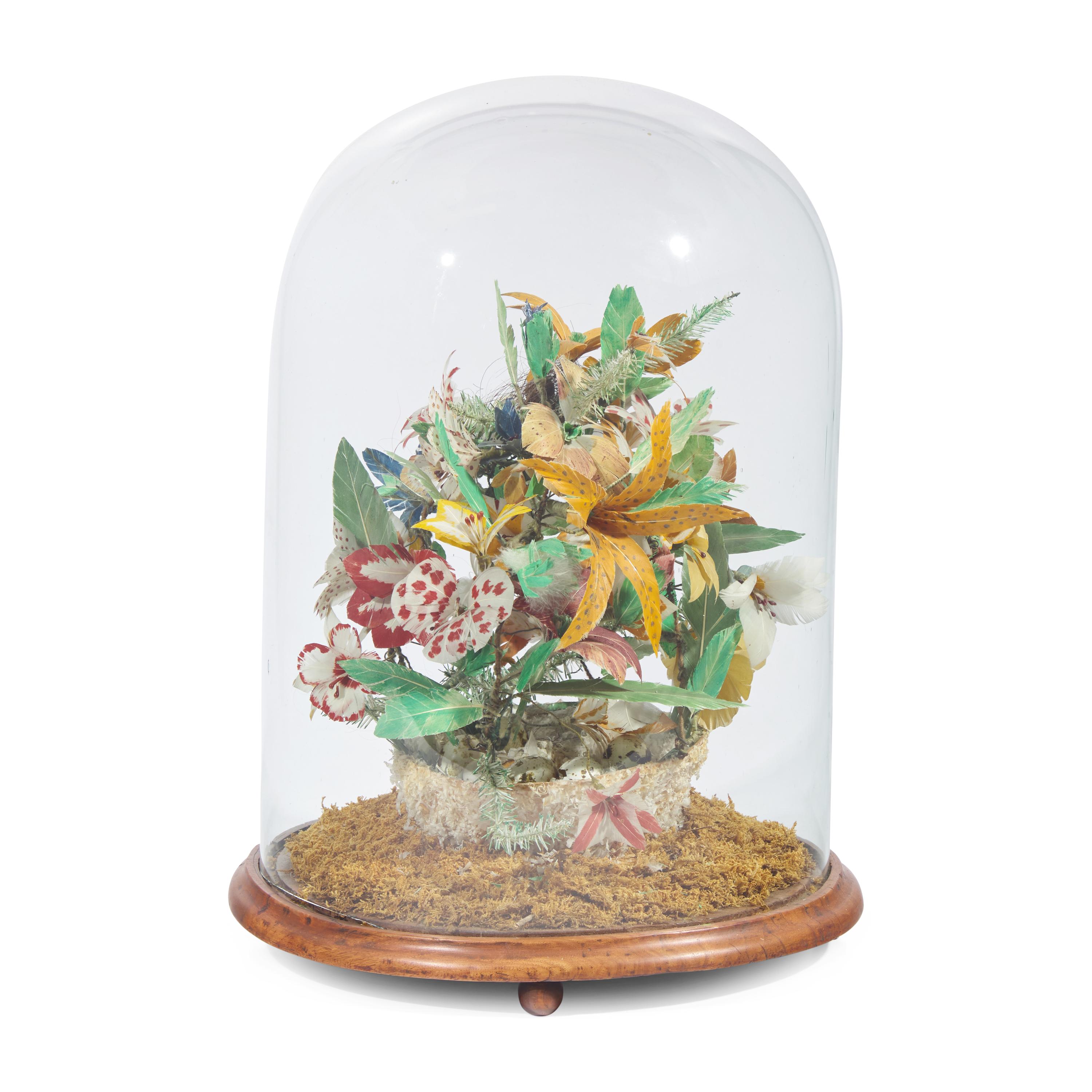 A Victorian Glass-Domed Featherwork Whimsy