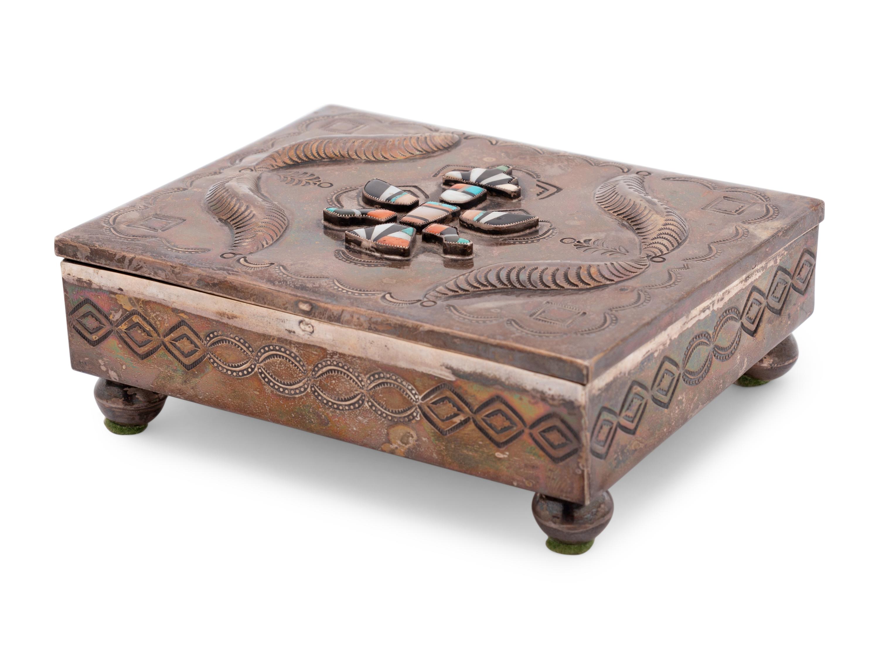 Navajo Stamped Silver Box, with Zuni Mosaic Inlaid Knifewing