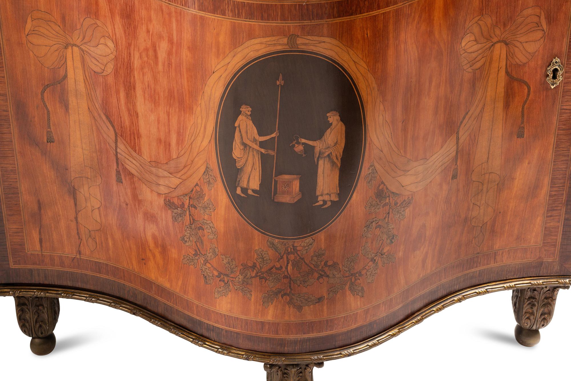 A Pair of George III Marquetry Marble-Top Corner Cabinets in the Manner of Mayhew and Ince