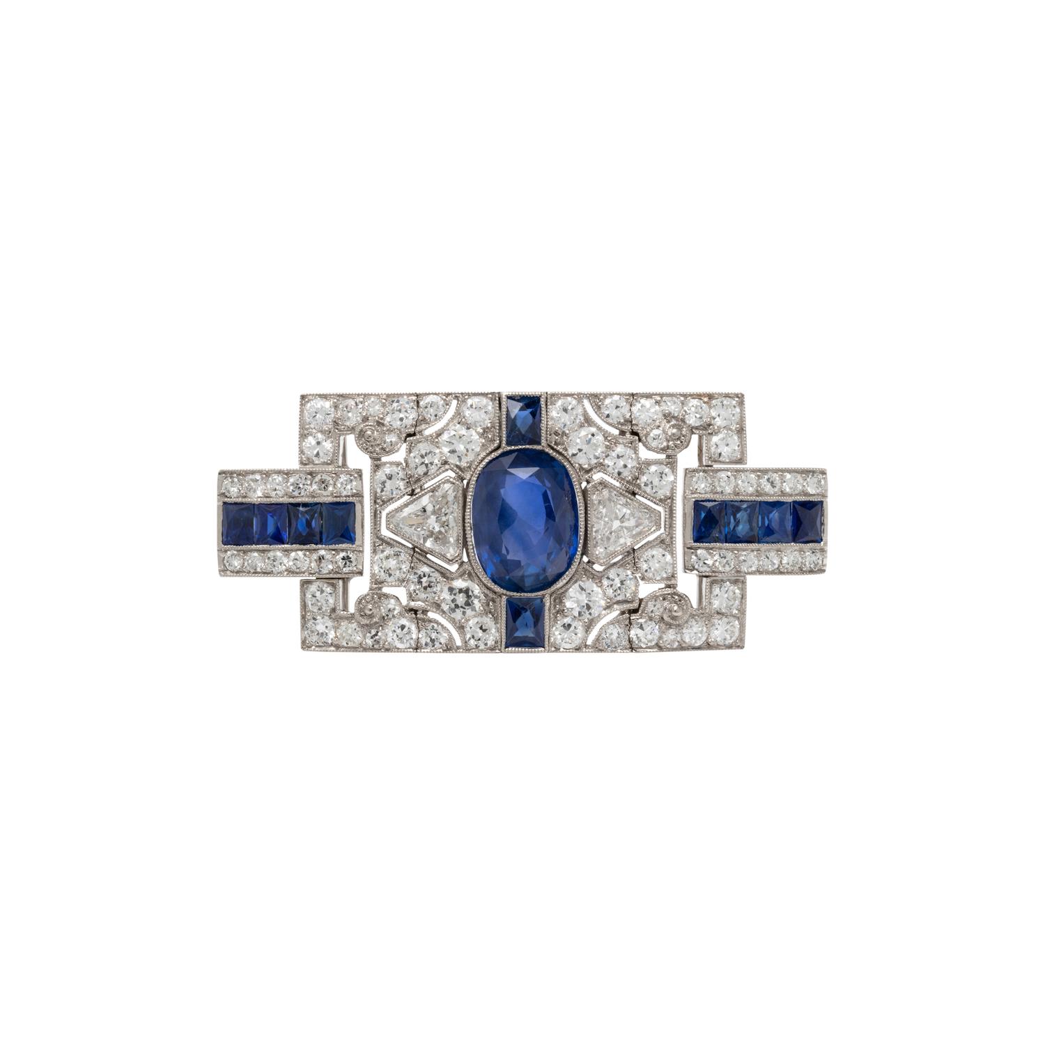 UNHEATED BURMESE SAPPHIRE AND DIAMOND BROOCH