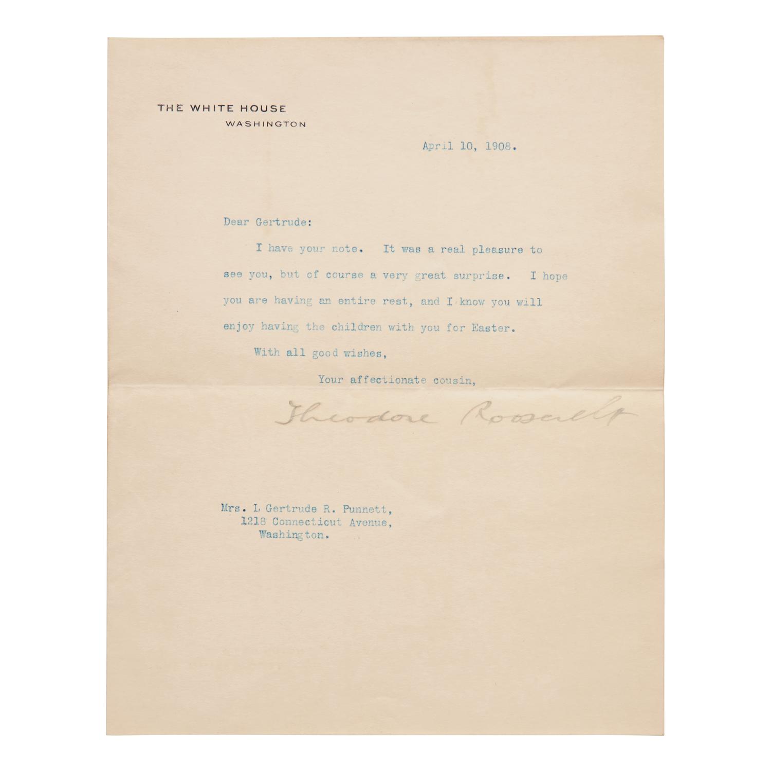 [Presidential] Roosevelt, Theodore. Typed Letter, signed