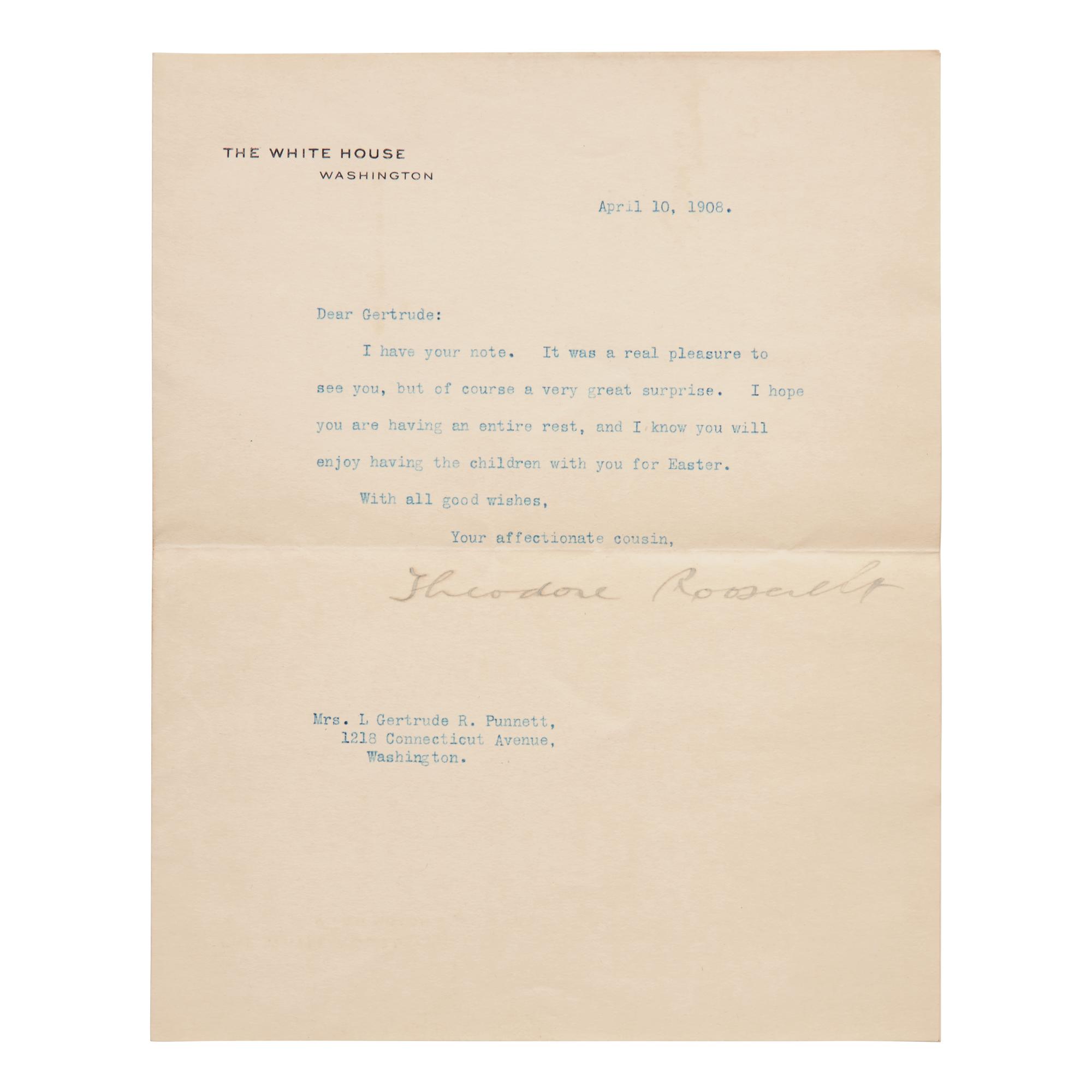 [Presidential] Roosevelt, Theodore. Typed Letter, signed