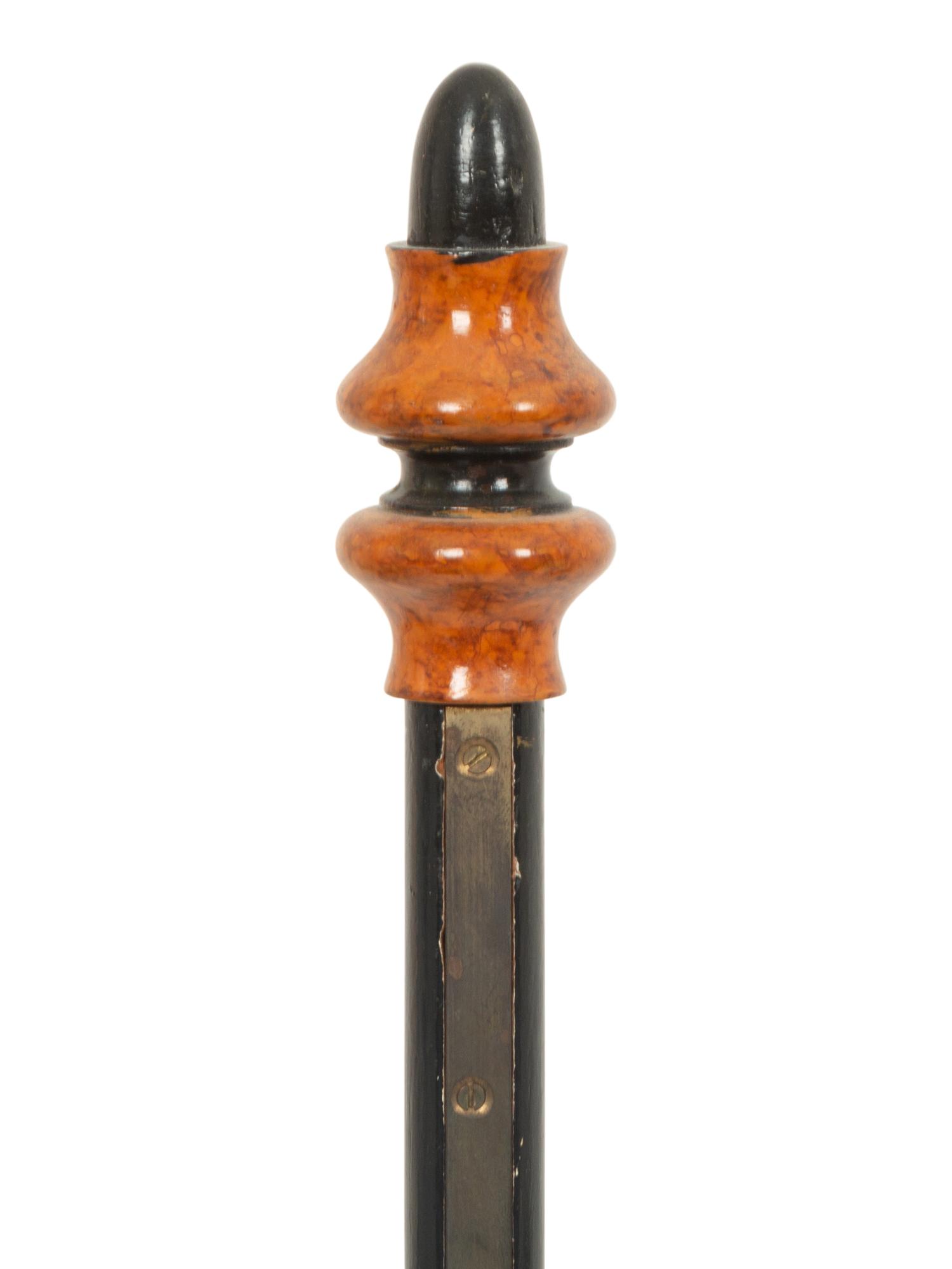 A Pair of Treen and Steel Hurricane Lamps with Etched Glass Shades