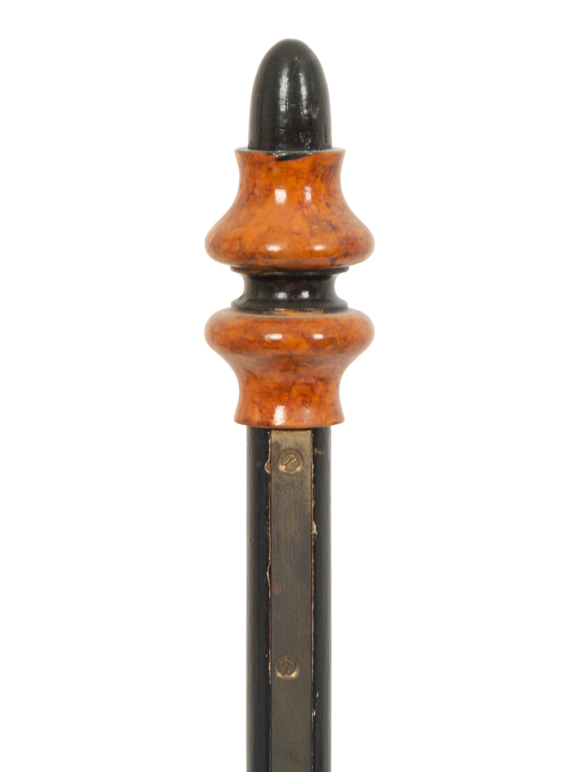 A Pair of Treen and Steel Hurricane Lamps with Etched Glass Shades
