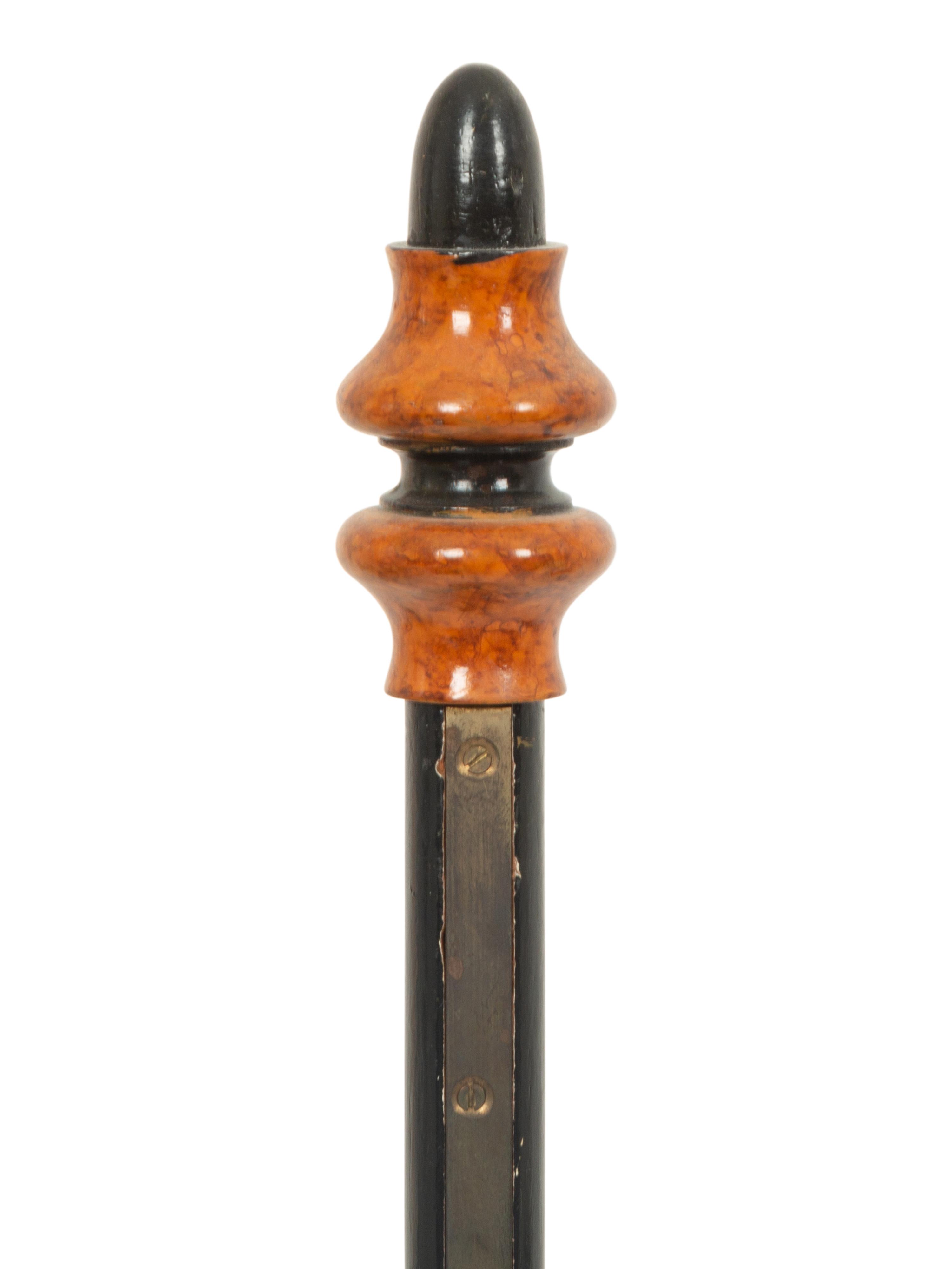 A Pair of Treen and Steel Hurricane Lamps with Etched Glass Shades