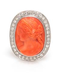 A Platinum, Coral Cameo and Diamond Brooch, 6.90 dwts.