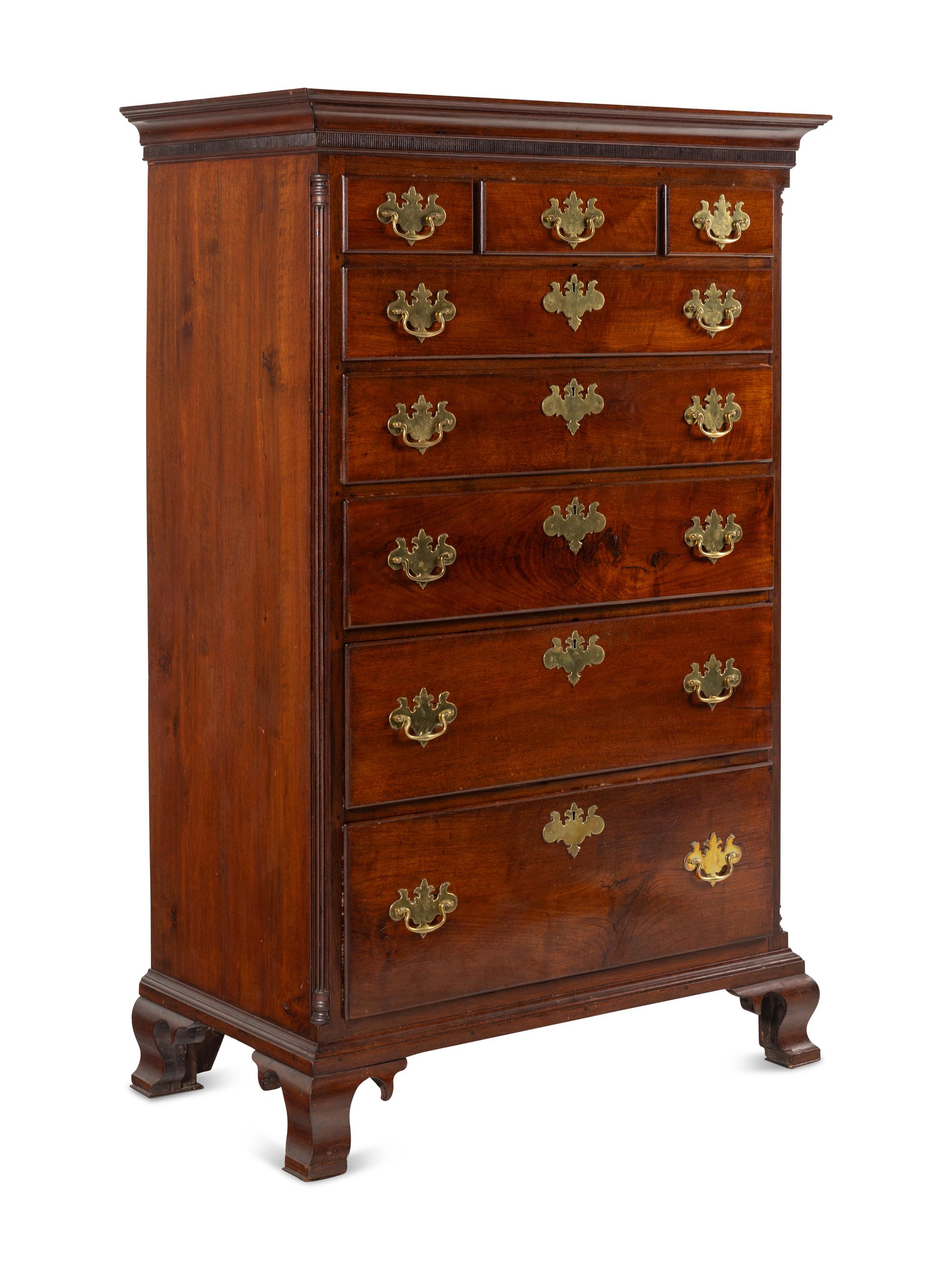 A Chippendale Figured Mahogany Tall Chest of Drawers