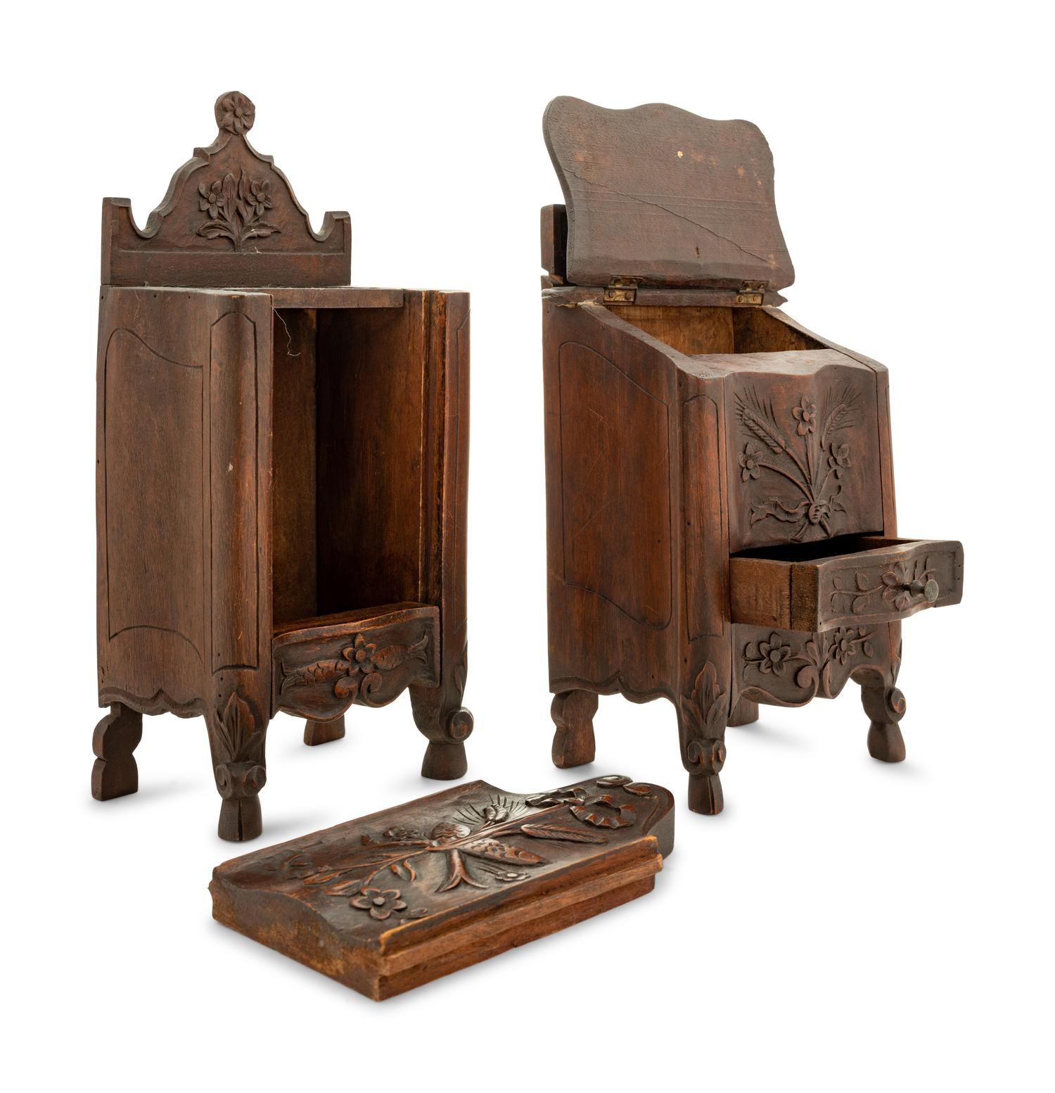 A Pair of French Provincial Walnut Hanging Salt Boxes