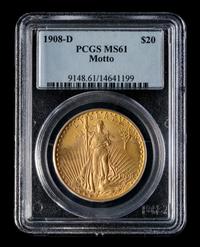 A United States 1908-D St. Gaudens: Motto $20 Gold Coin