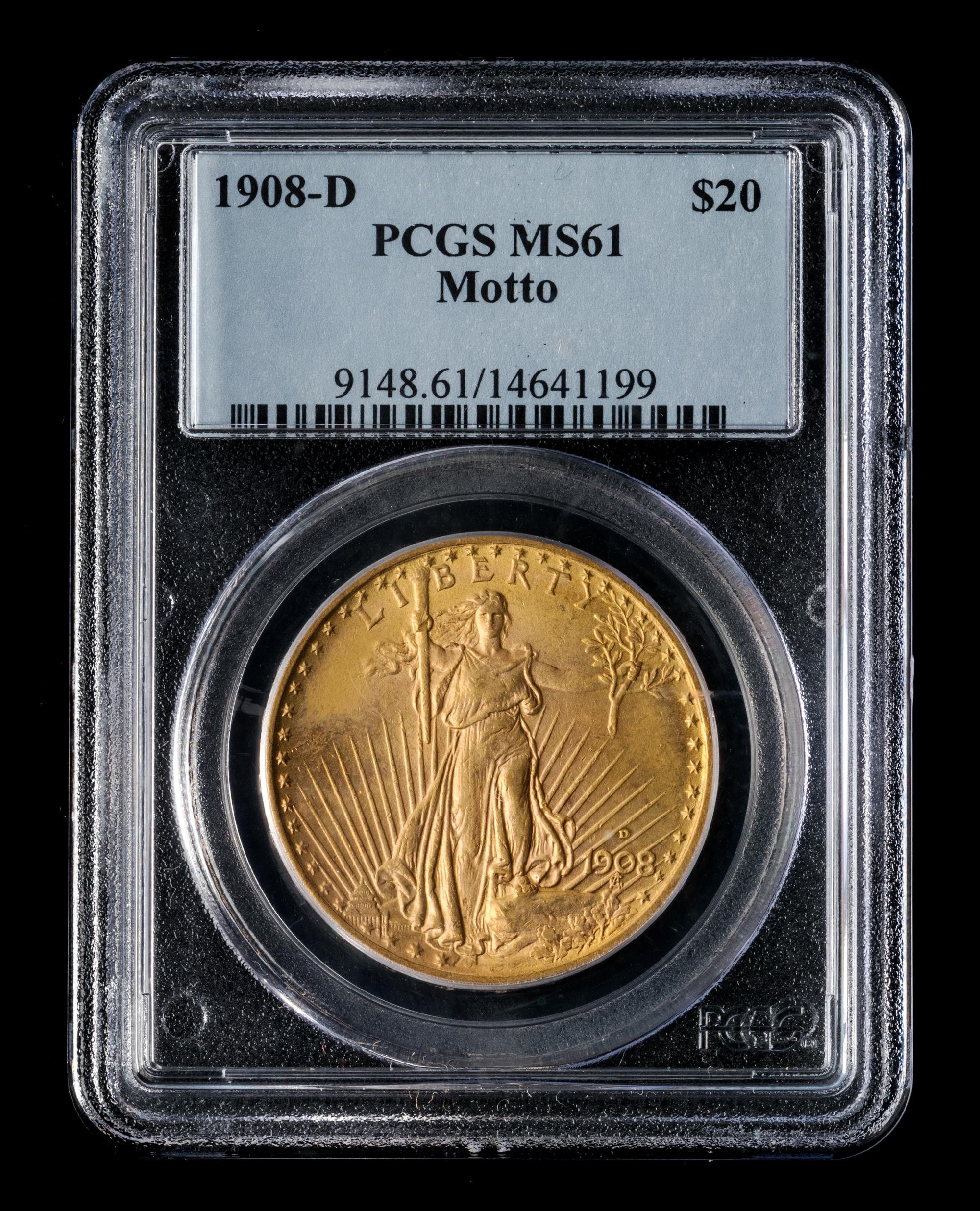 A United States 1908-D St. Gaudens: Motto $20 Gold Coin