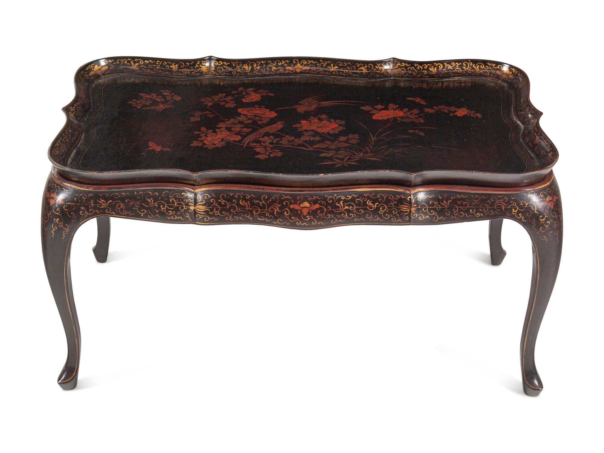 A Chinese Export Lacquer Tray on a Later Stand