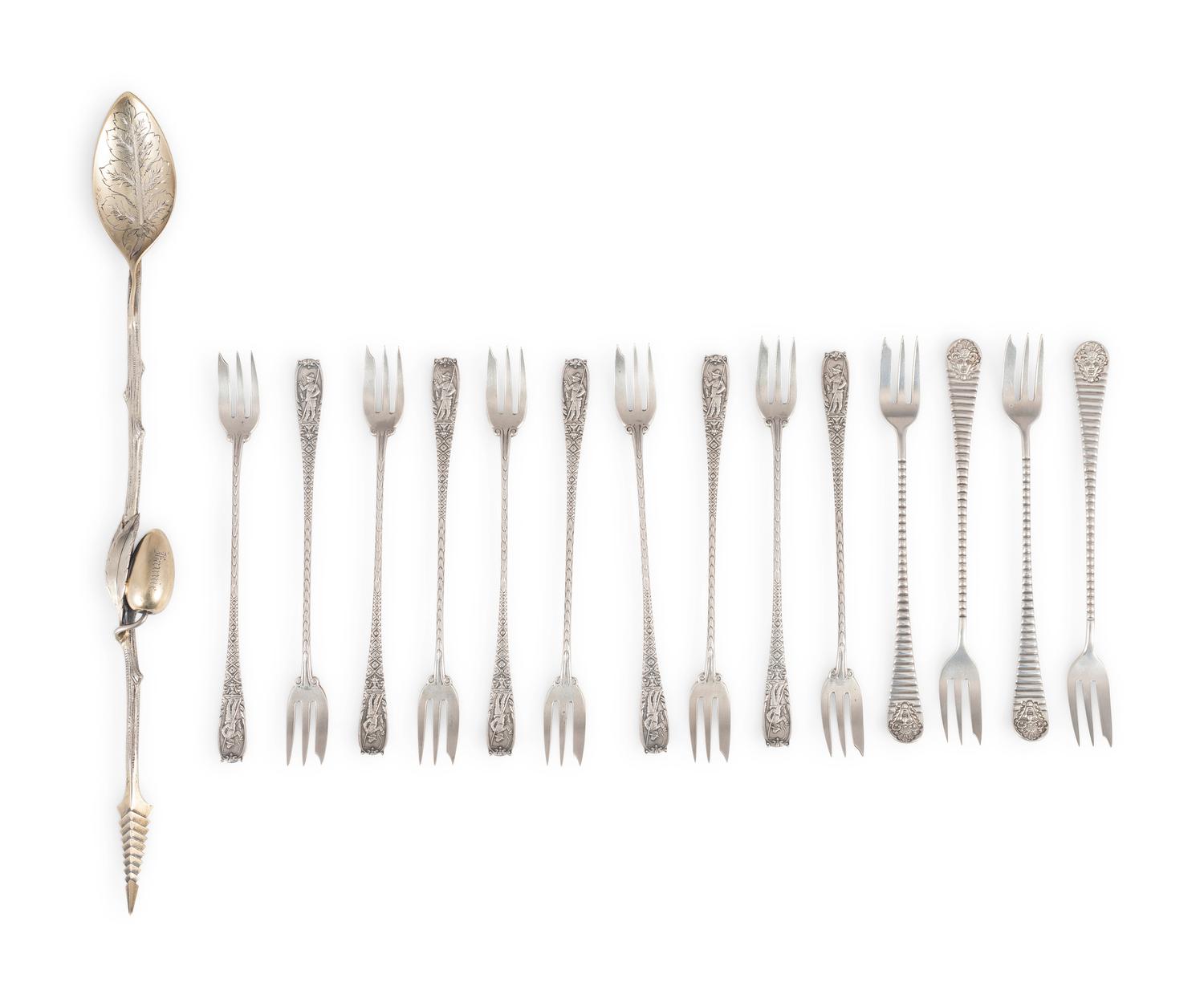 An Early Gorham Silver Olive Spoon and Seafood Forks