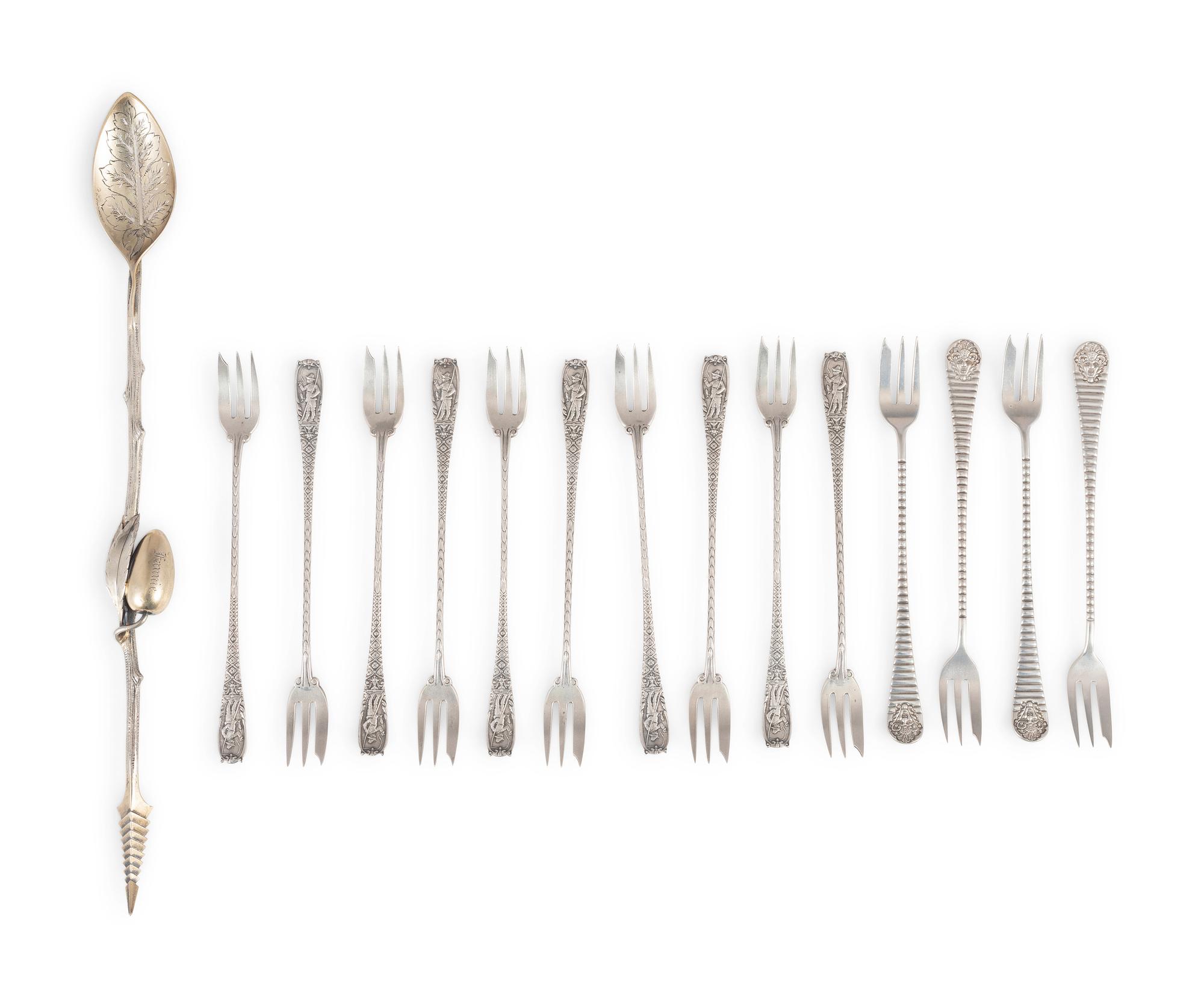 An Early Gorham Silver Olive Spoon and Seafood Forks