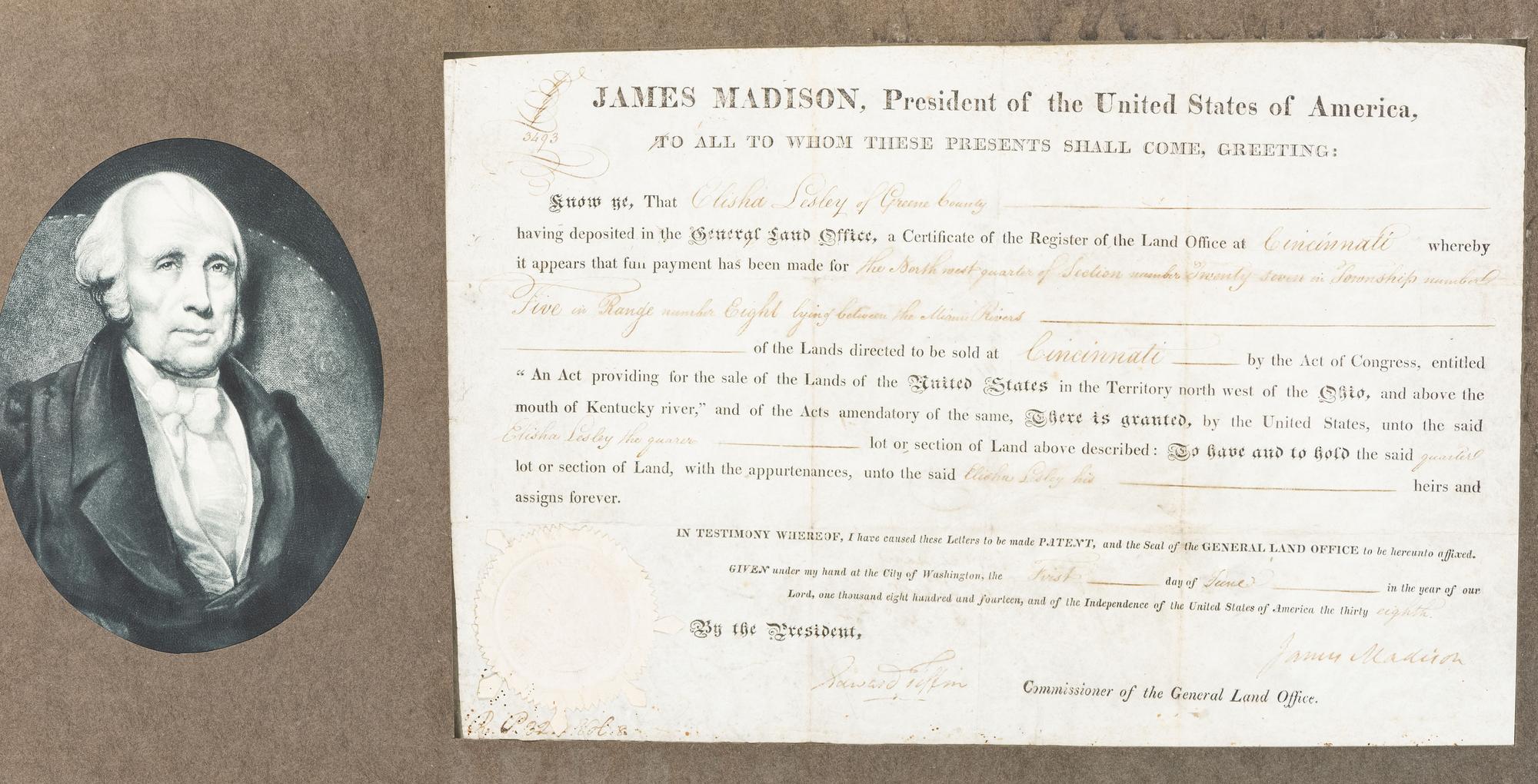 MADISON, James (1751-1836). Partly printed document signed ("James Madison"), as President of the United States, countersigned by Edward Tiffin as Commissioner of the General Land Office. Washington, D.C., 1 June 1814.