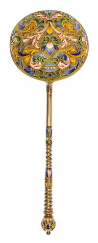 A Russian Silver-Gilt and Enamel Spoon, Mark of Alexander Lyubavin, kokoshnik mark of Yakov Lyapunov, St. Petersburg, late 19th/early 2