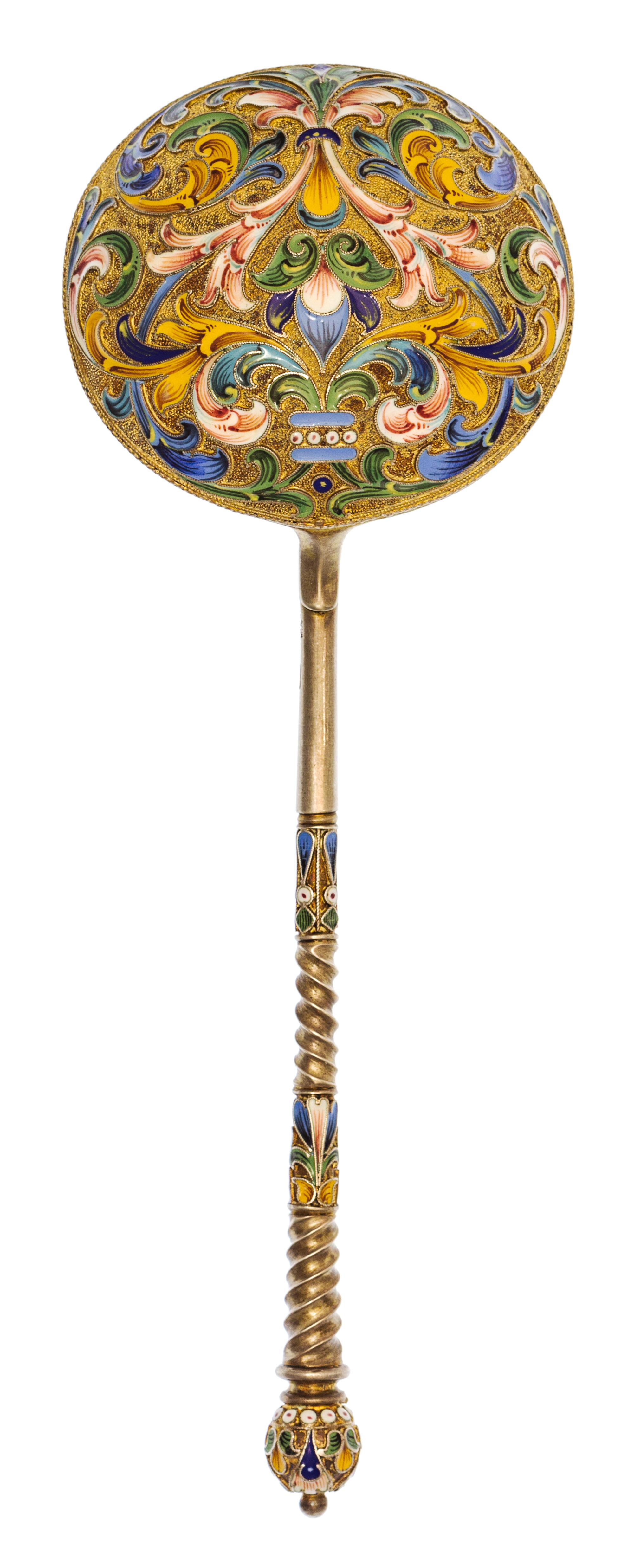 A Russian Silver-Gilt and Enamel Spoon, Mark of Alexander Lyubavin, kokoshnik mark of Yakov Lyapunov, St. Petersburg, late 19th/early 2