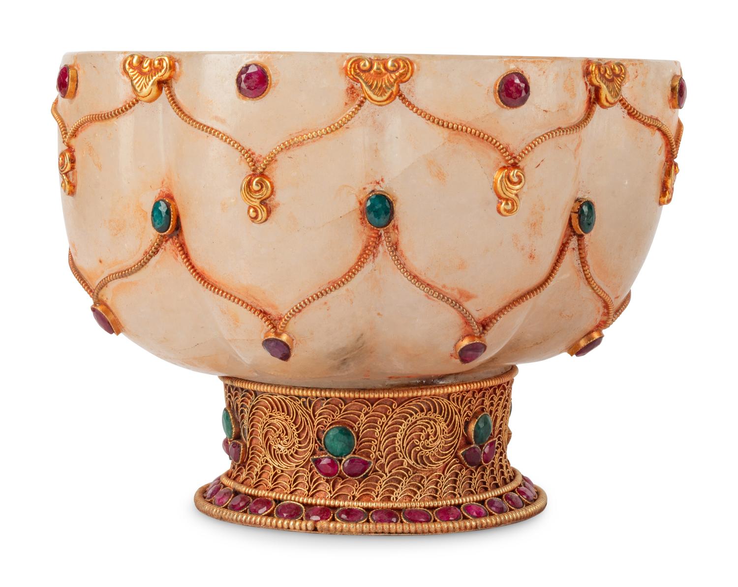 A Tibetan Style Gilt Filigree, Ruby and Emerald Mounted Rock Crystal Bowl
