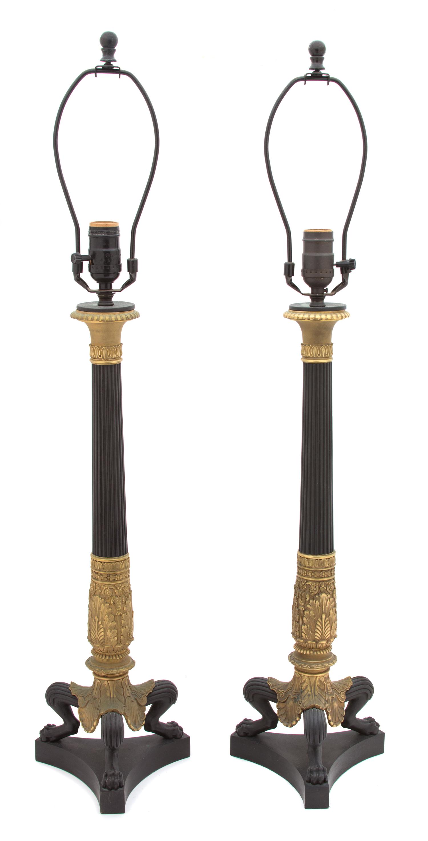 A Pair of French Empire Style Patinated and Gilt Bronze Columnar Table Lamps Height overall 31 inches. — 20TH CENTURY