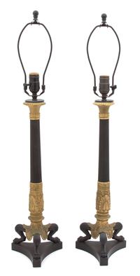 A Pair of French Empire Style Patinated and Gilt Bronze Columnar Table Lamps Height overall 31 inches. — 20TH CENTURY