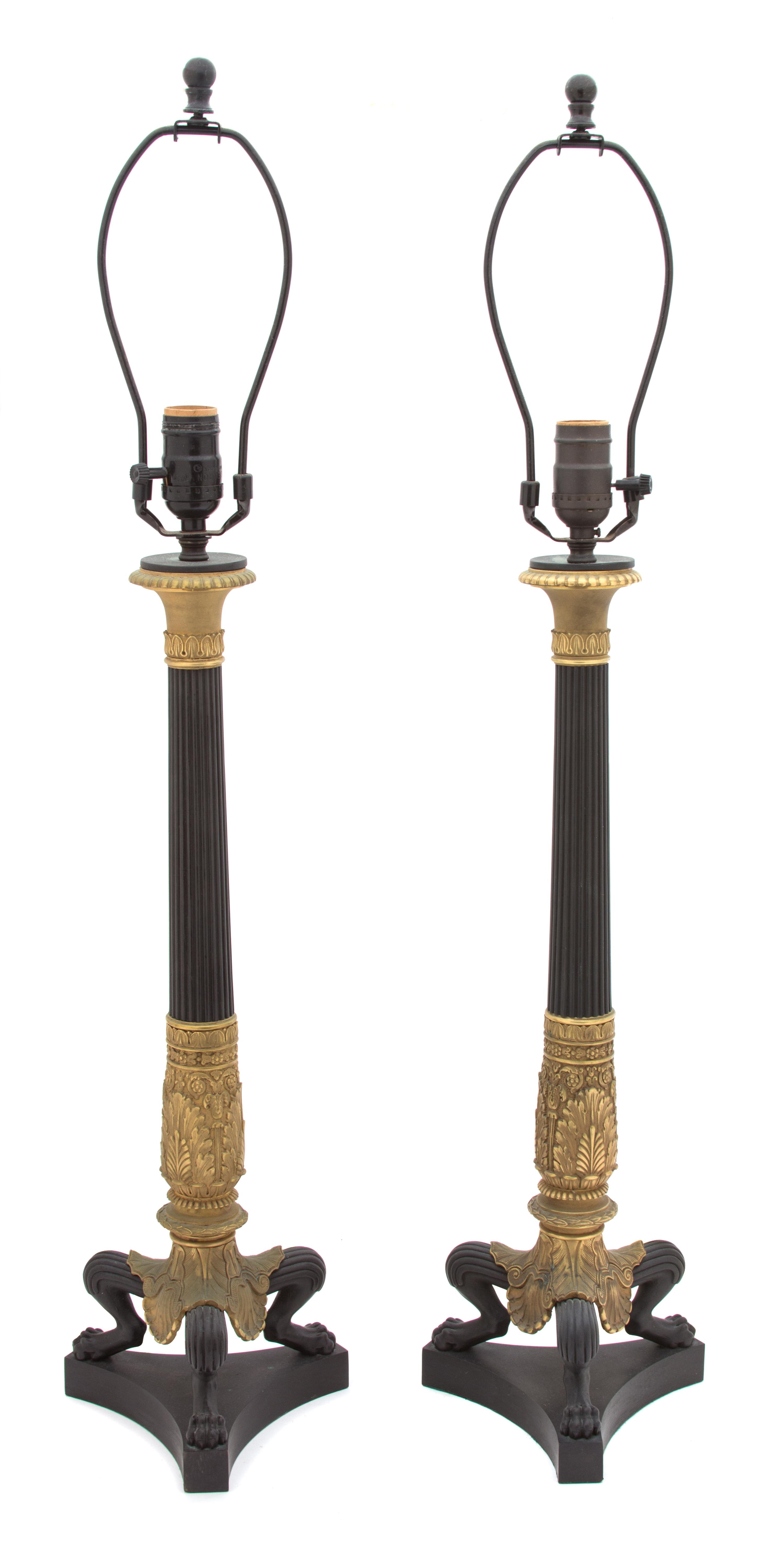 A Pair of French Empire Style Patinated and Gilt Bronze Columnar Table Lamps Height overall 31 inches. — 20TH CENTURY