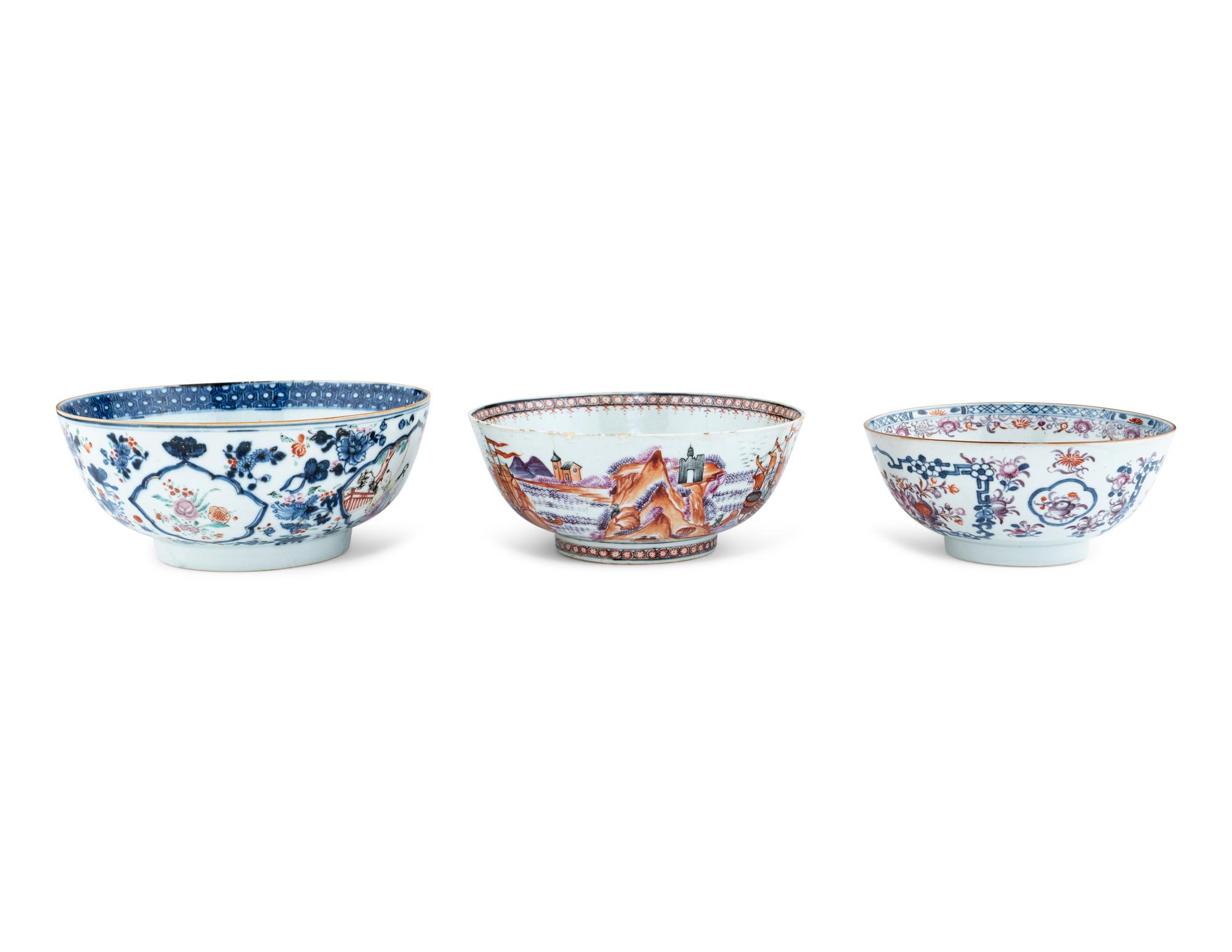 Three Chinese Export Famille Rose Porcelain Bowls