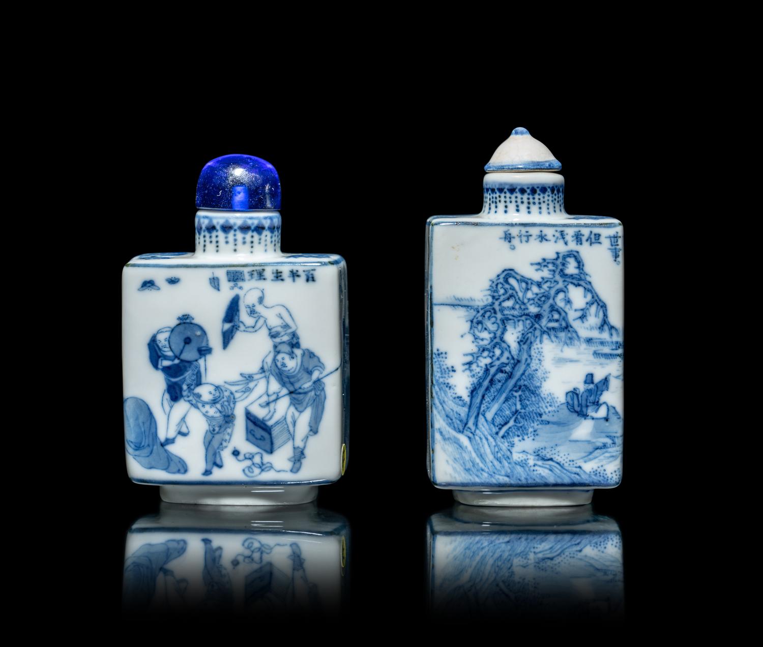 Two Chinese Blue and White Porcelain Rectangular Snuff Bottles