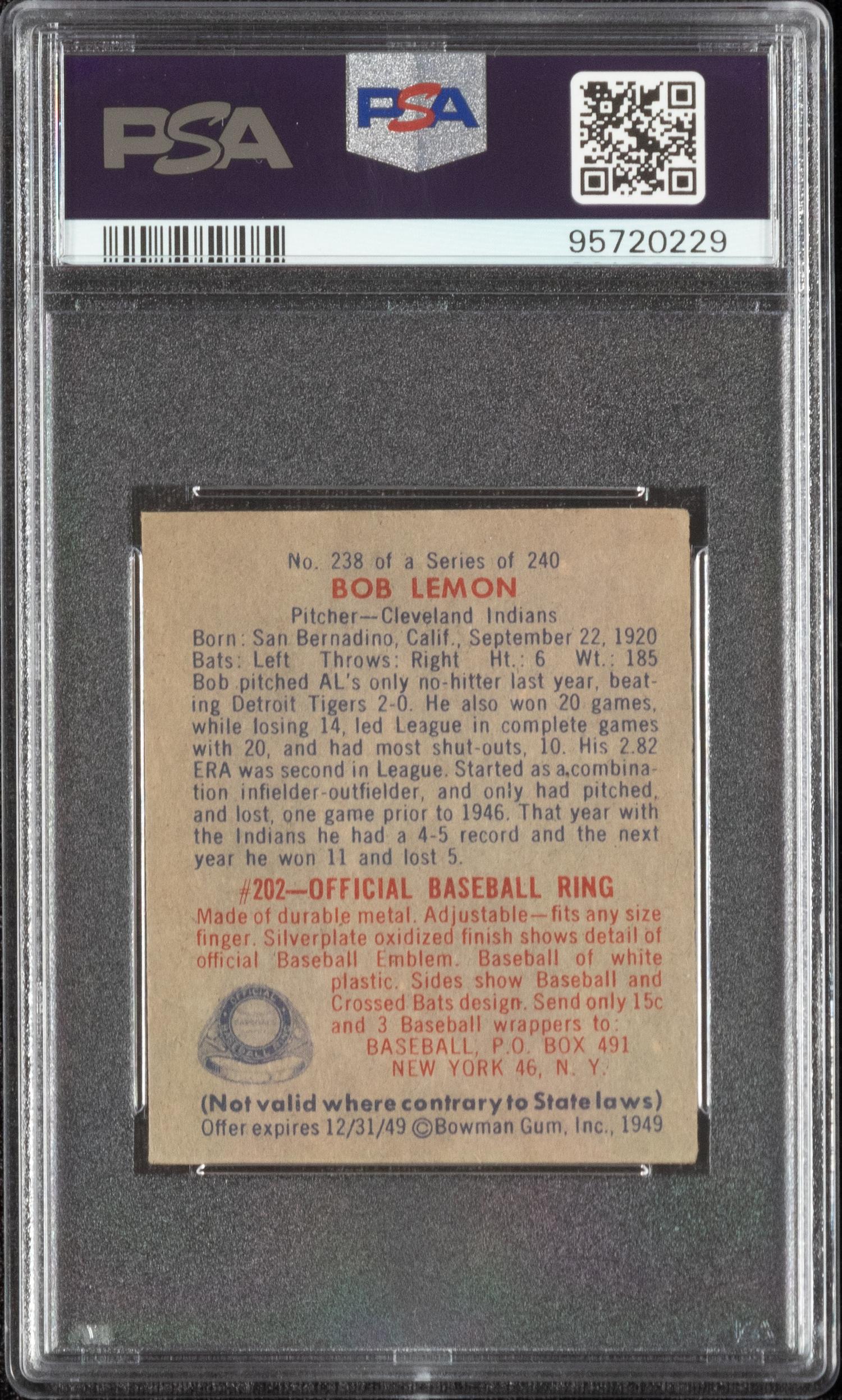 A 1949 Bob Lemon Rookie Baseball Card No. 238 (PSA 2.5 GOOD+)