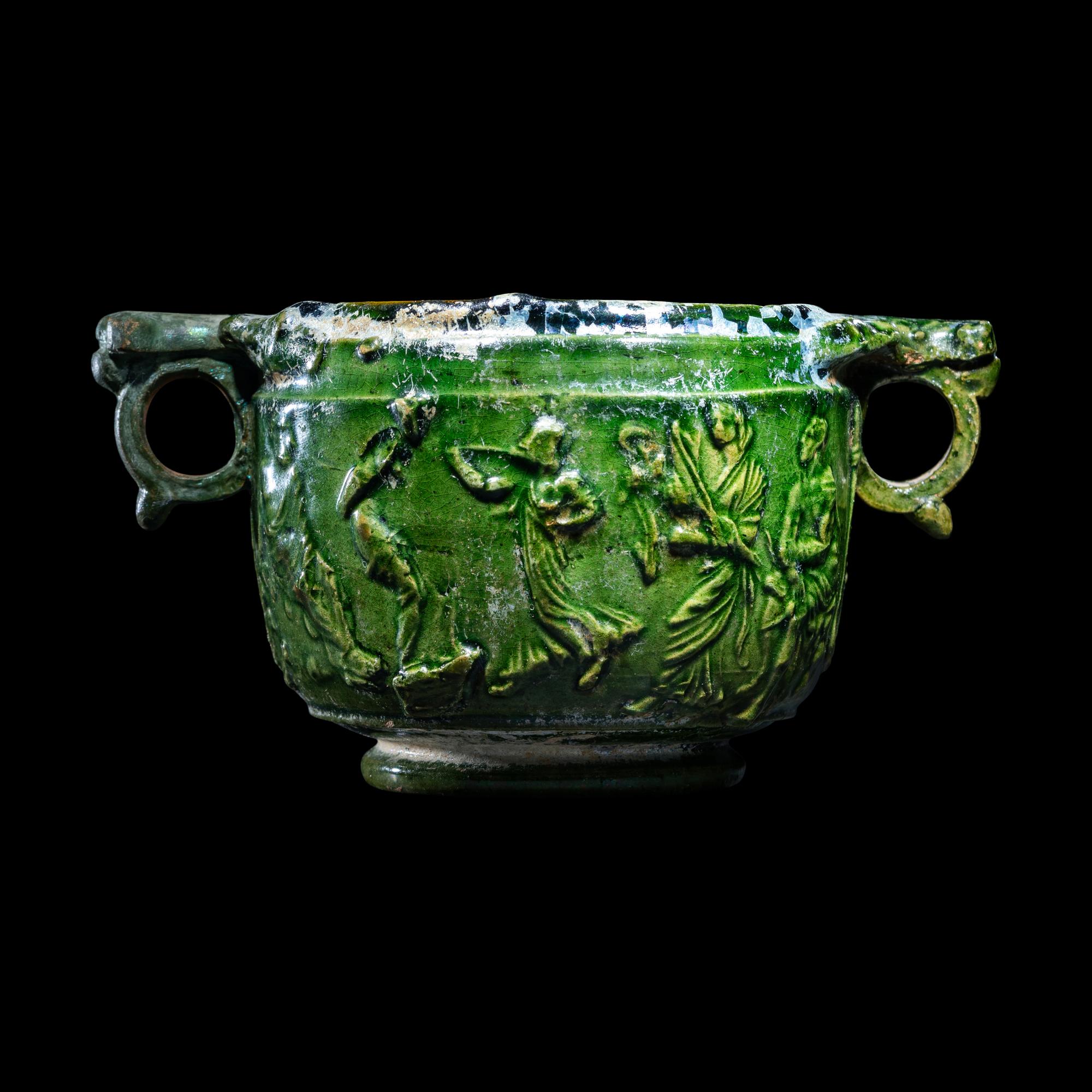 A Roman Green Lead-Glazed Skyphos