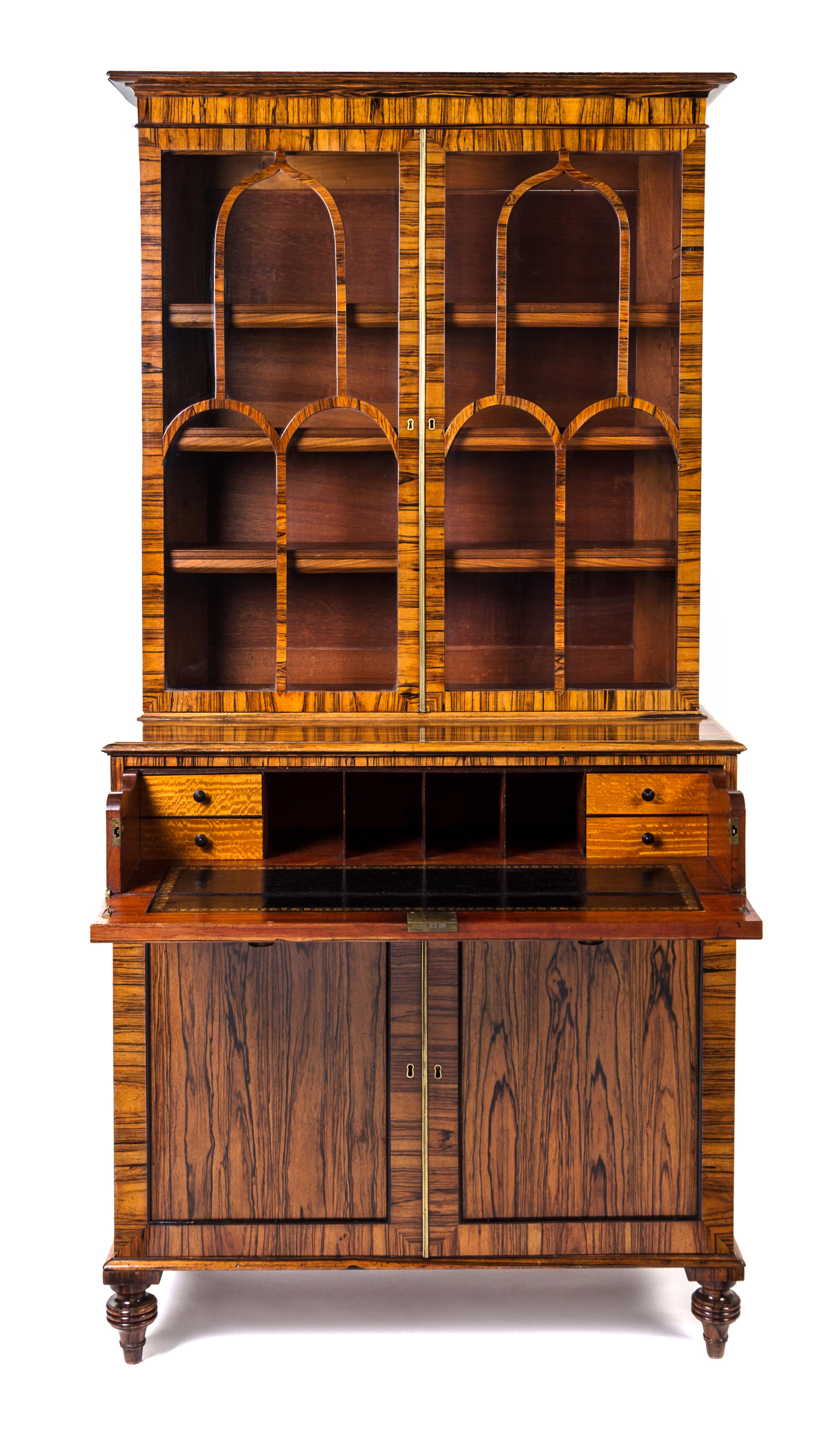A Regency Brass-Inlaid Calamander Secretary Bookcase Height 75 1/4 x width 37 1/2 x depth 19 1/4 inches. — FIRST HALF 19TH CENTURY