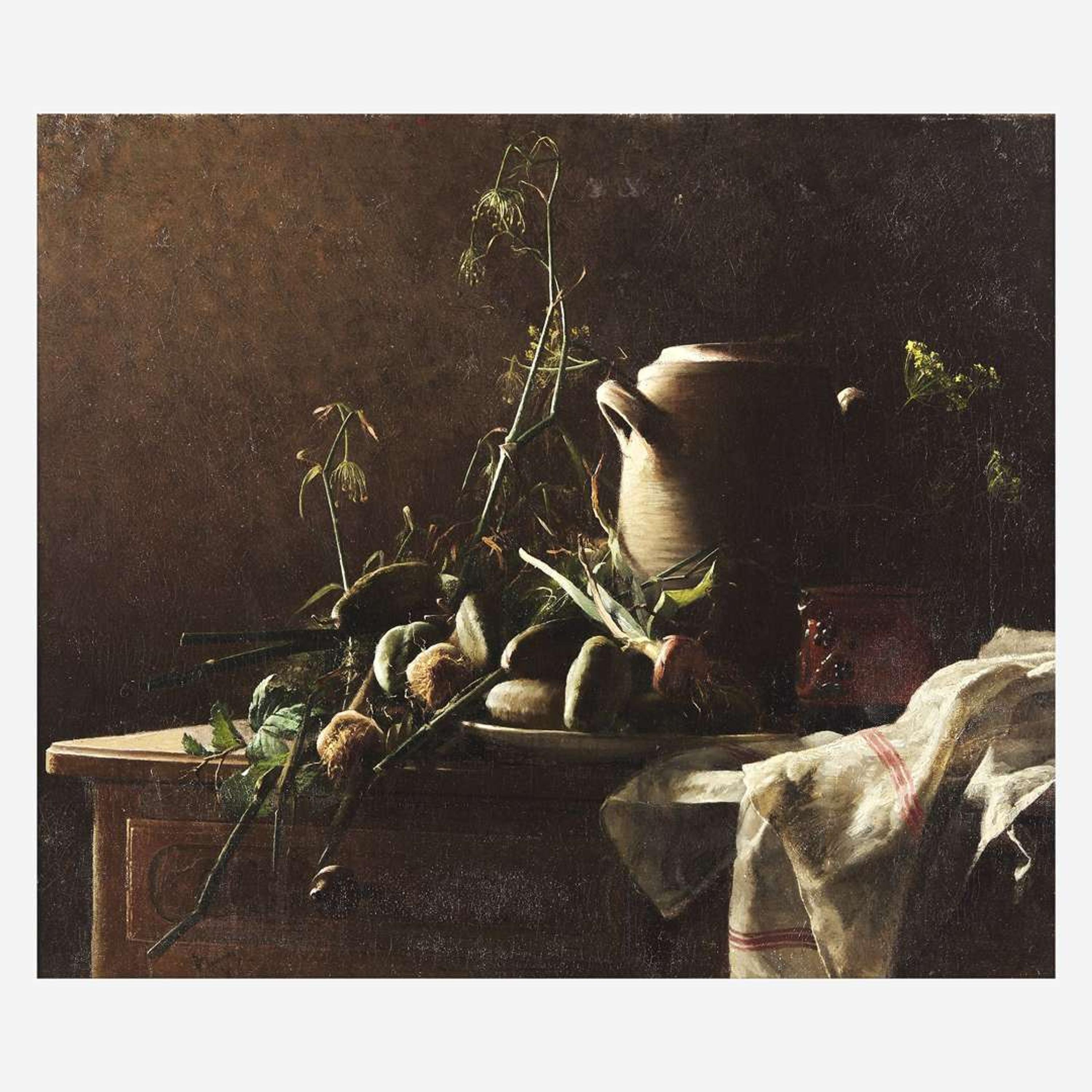 Robert Wylie (American, 1839–1877) Still Life with Leeks, Potatoes and Fennel on Commode Tabletop