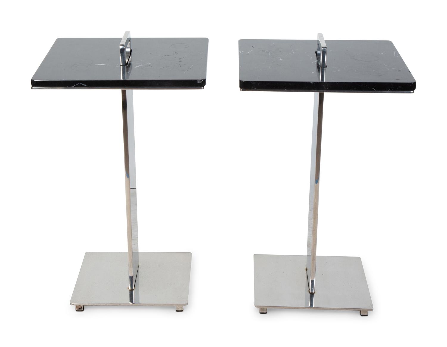 A Pair of Chrome Plated Steel Black Marble Top Side Tables — 20TH CENTURY