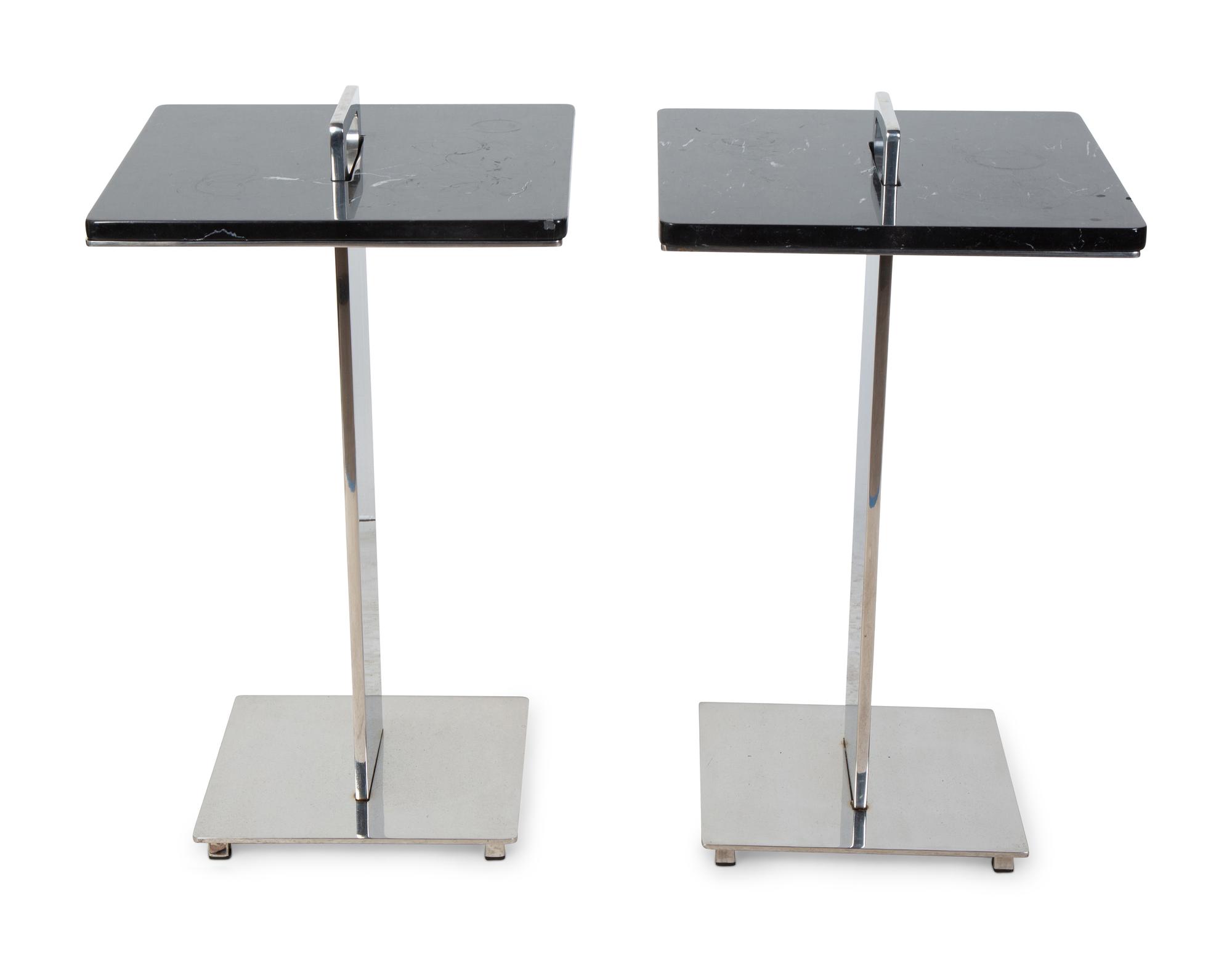 A Pair of Chrome Plated Steel Black Marble Top Side Tables — 20TH CENTURY
