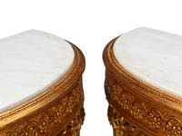 A Pair of Louis XVI Style Giltwood Demilune Marble-Top Console Tables