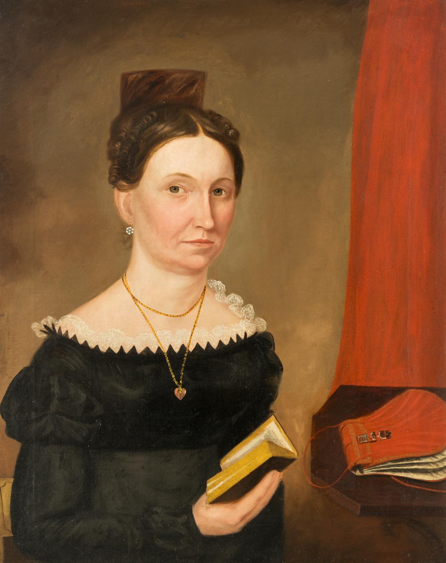 American School 19th Century, A Portrait of a Lady with Book and Handbag
