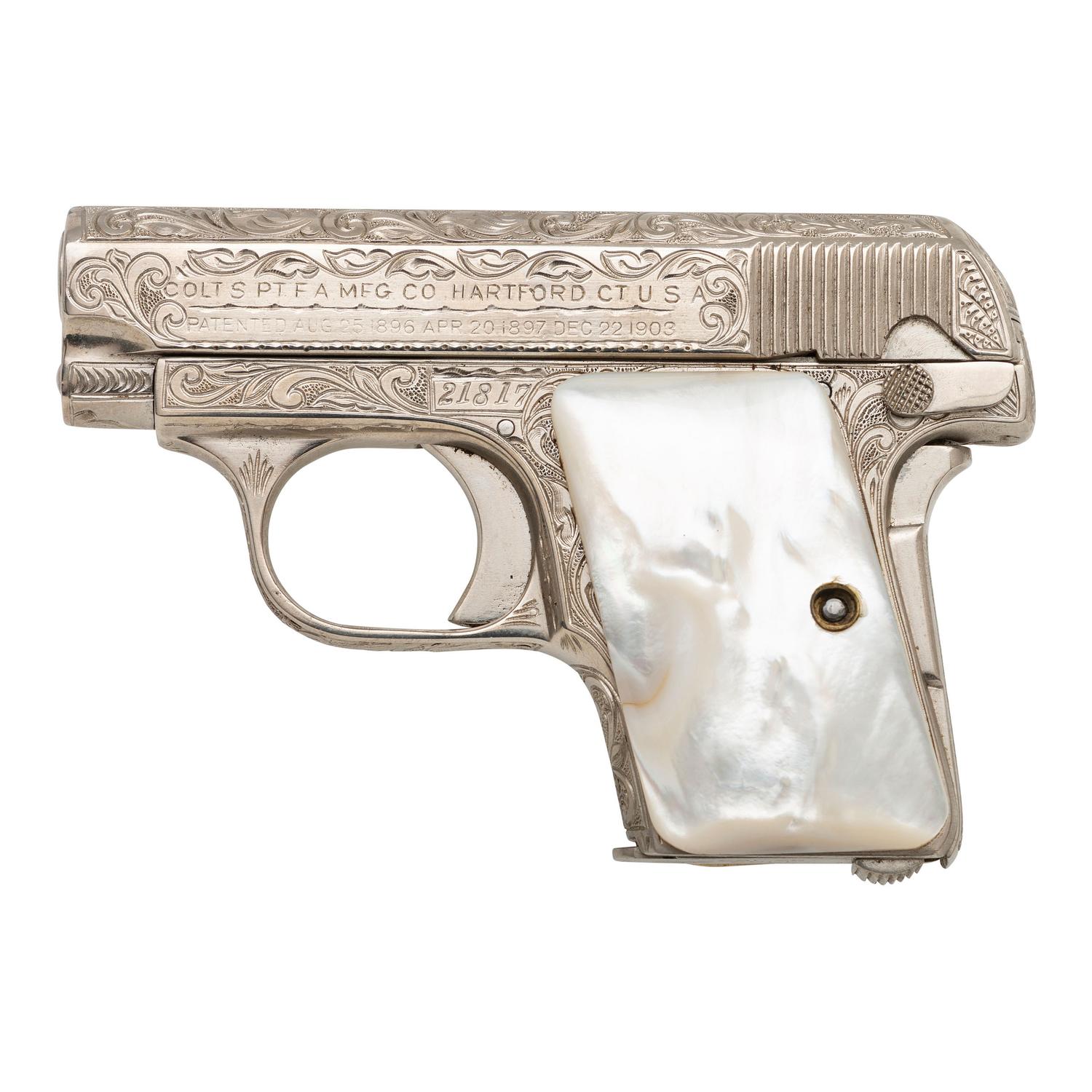**Custom Engraved Colt M1908 Hammerless Pistol Nickel with Pearl Grips