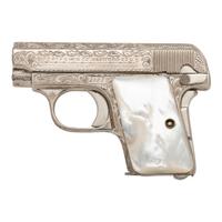 **Custom Engraved Colt M1908 Hammerless Pistol Nickel with Pearl Grips