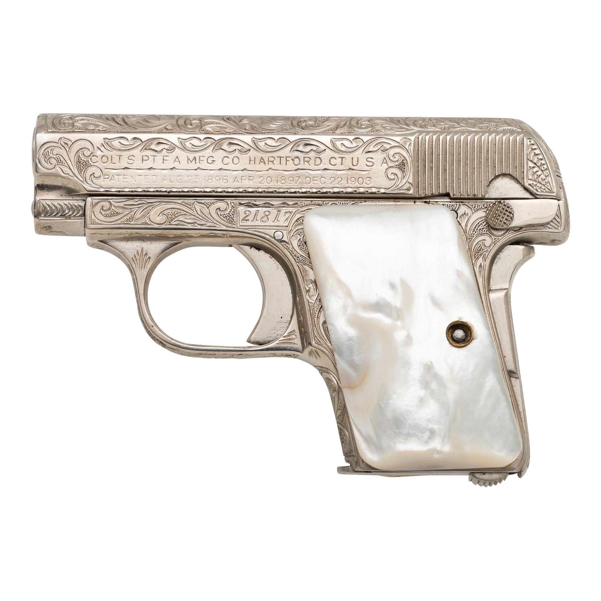 **Custom Engraved Colt M1908 Hammerless Pistol Nickel with Pearl Grips