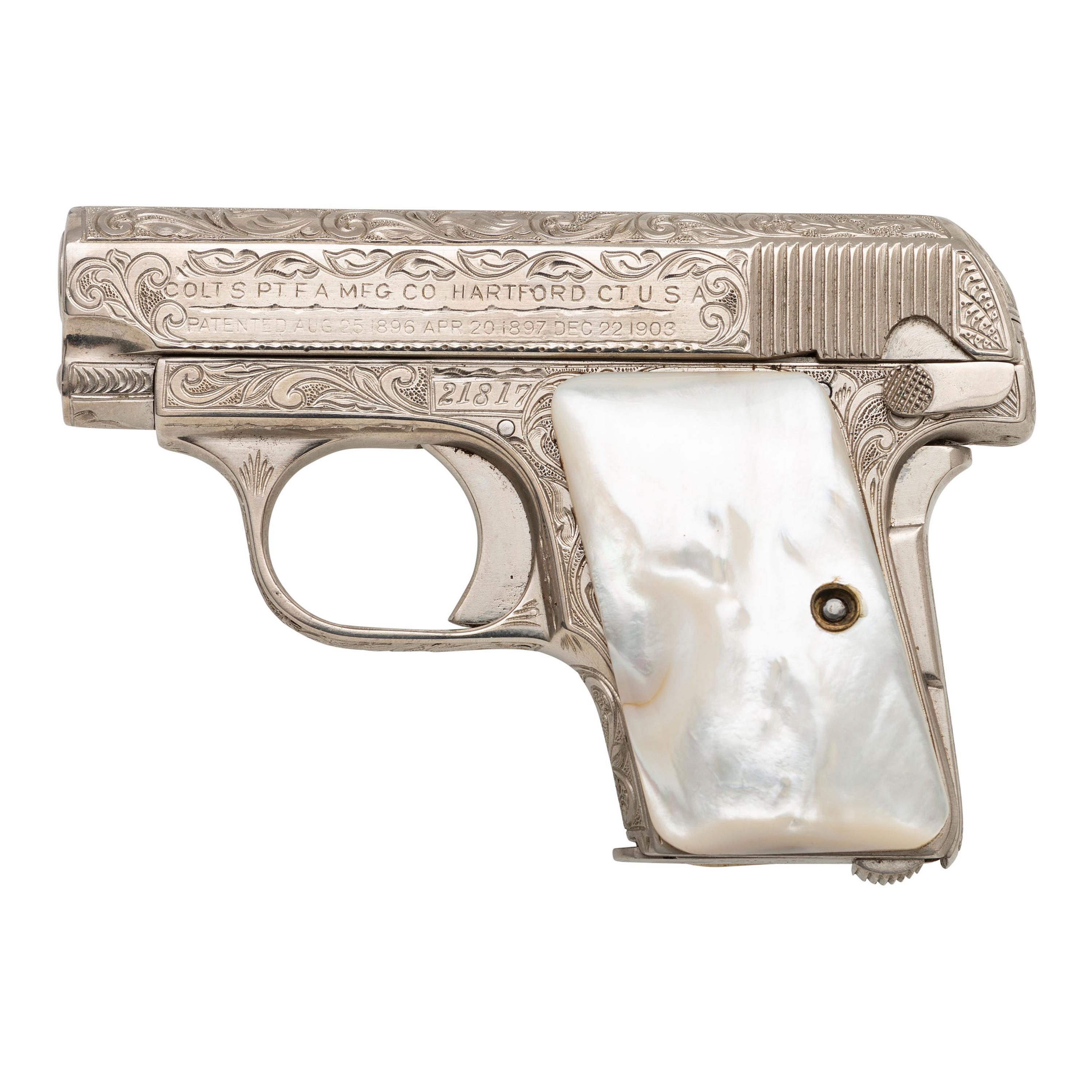 **Custom Engraved Colt M1908 Hammerless Pistol Nickel with Pearl Grips