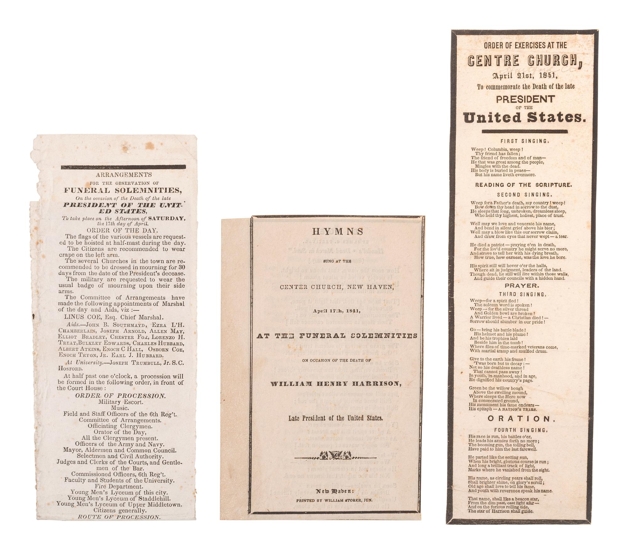 [HARRISON, William Henry]. A group of broadsides, handbills, and manuscripts related to the funeral of William Henry Harrison.
