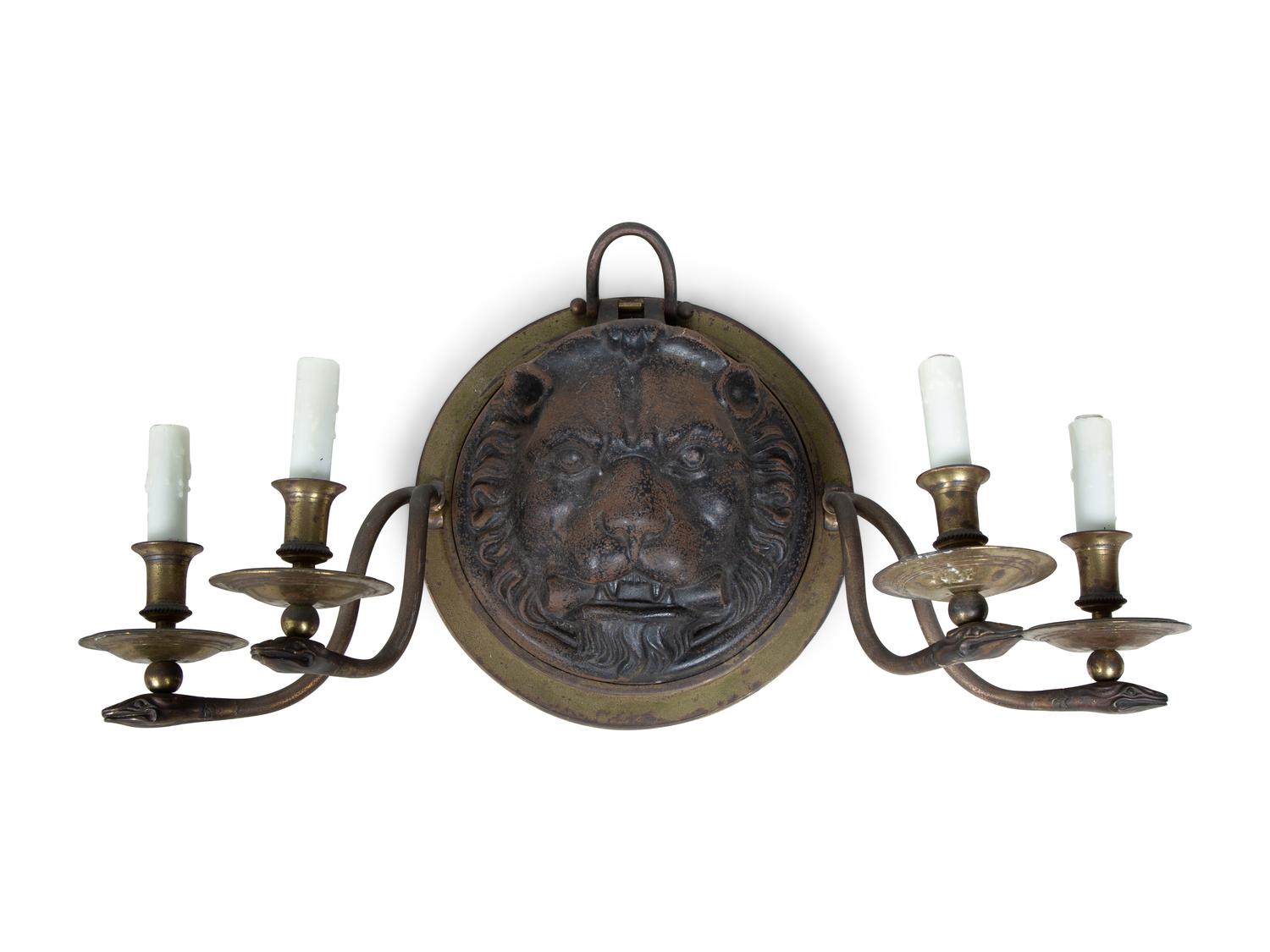 A Pair of Regency Style Iron and Brass Sconces with Lion Masks and Serpent Branches — 19TH CENTURY