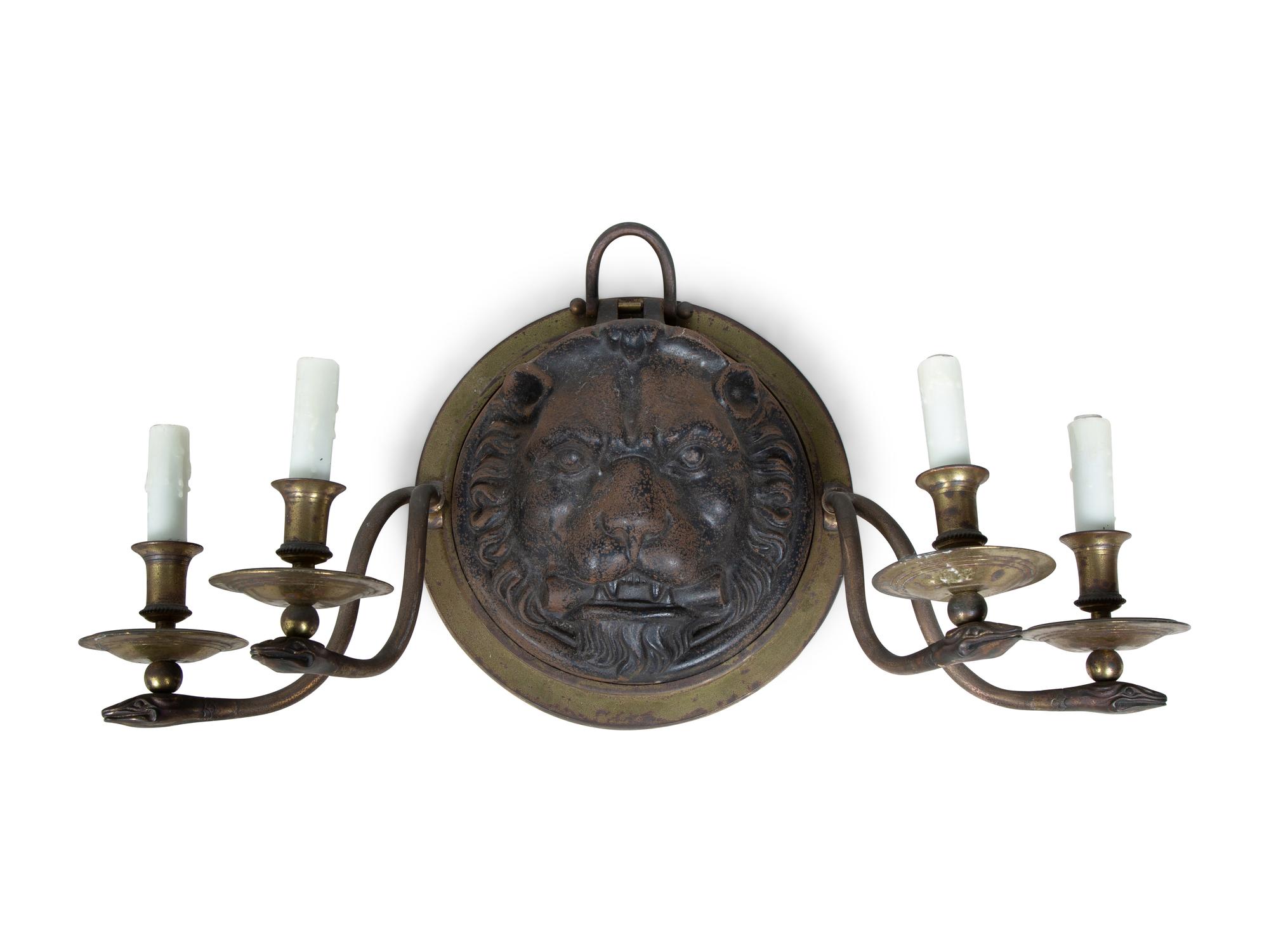 A Pair of Regency Style Iron and Brass Sconces with Lion Masks and Serpent Branches — 19TH CENTURY