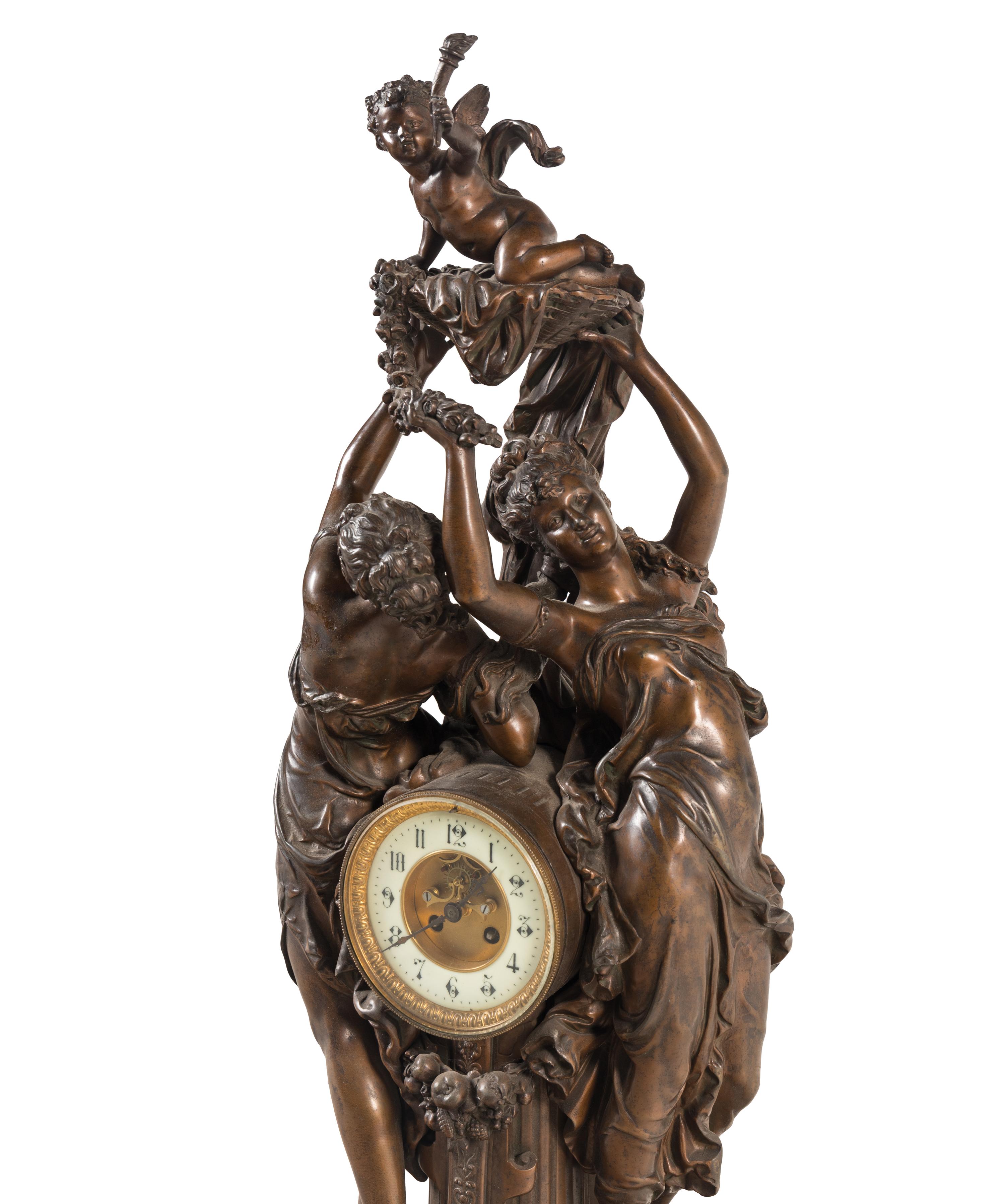 A Continental Cast Metal and Onyx Figural Mantel Clock
