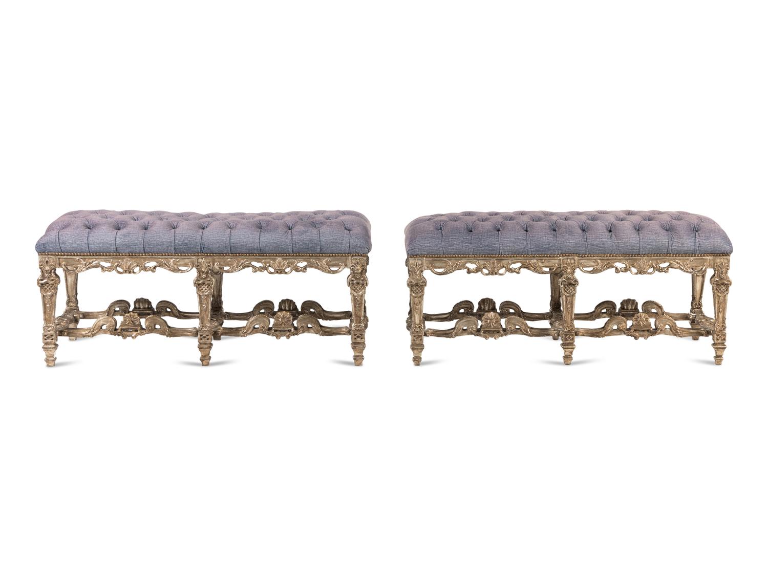 A Pair of Italian Baroque Style Silvered Wood Benches